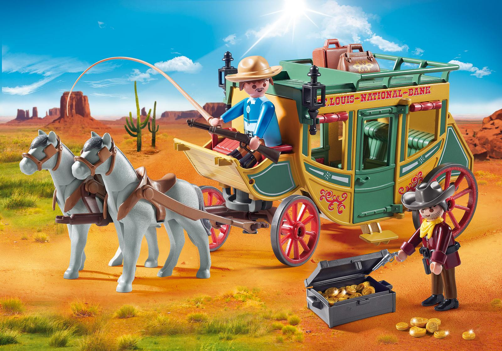 Playmobil-Postkutschenszene mit Pferden, Figuren und Schatz in Wüstenlandschaft.