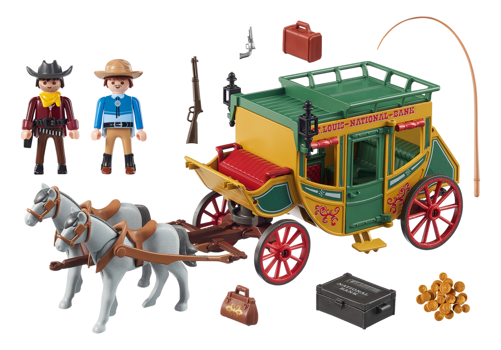 Spielzeugkutsche mit Cowboy-Figuren, Pferden und Zubehör auf weißer Oberfläche.