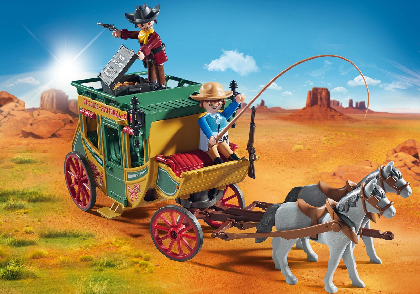 Playmobil-Postkutschen-Set mit Cowboys, Pferden und Wüstenhintergrund.