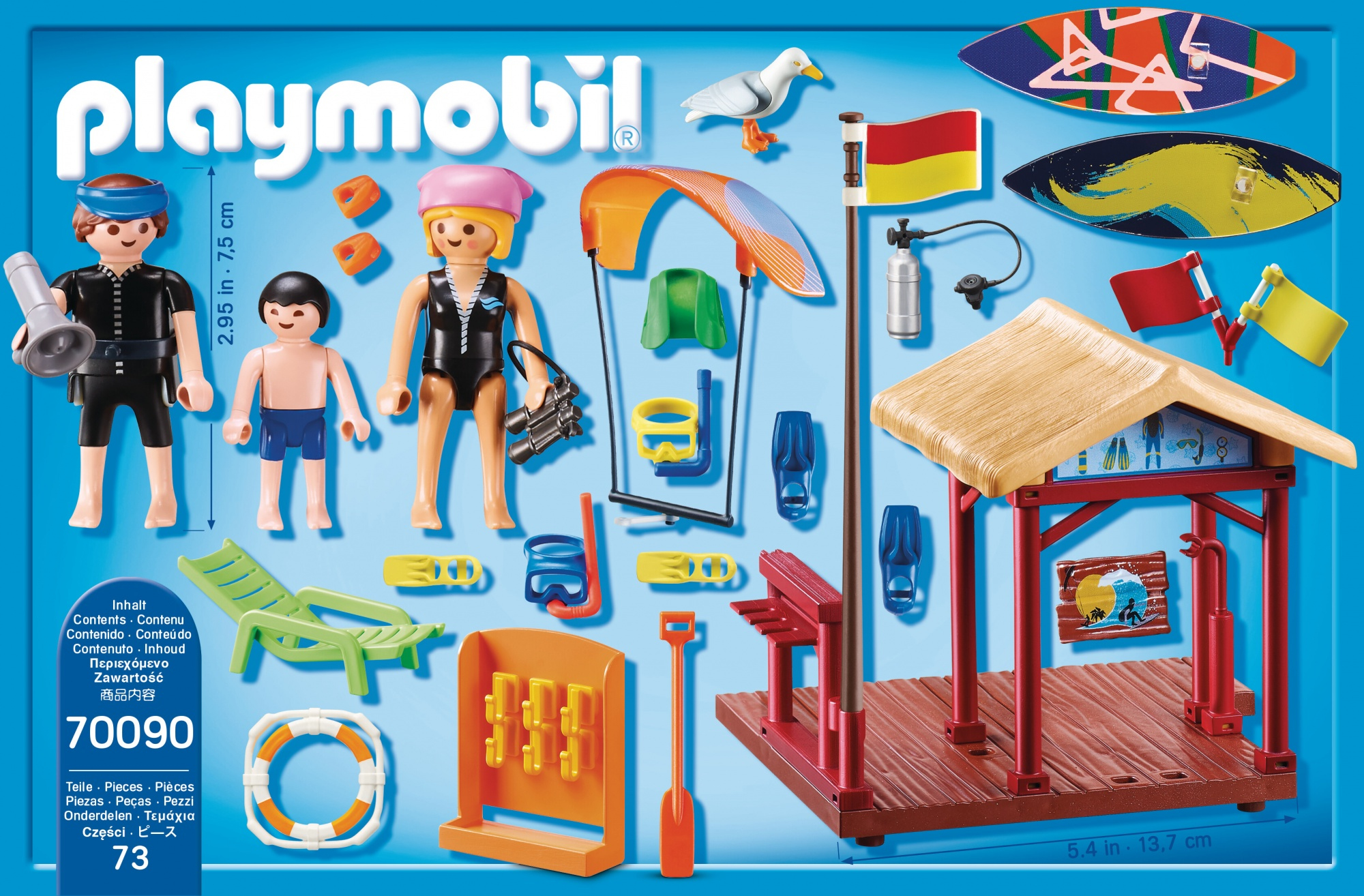 Playmobil-set. Inclusief figuren, duikuitrusting, een badmeesterpost, surfplanken en meer.