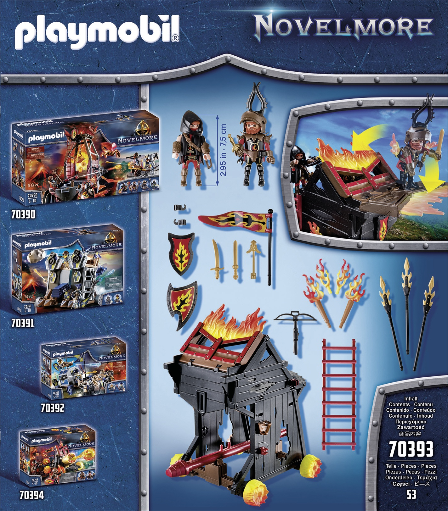 Scatole e accessori del set Playmobil Novelmore, tra cui personaggi, strutture e armi.
