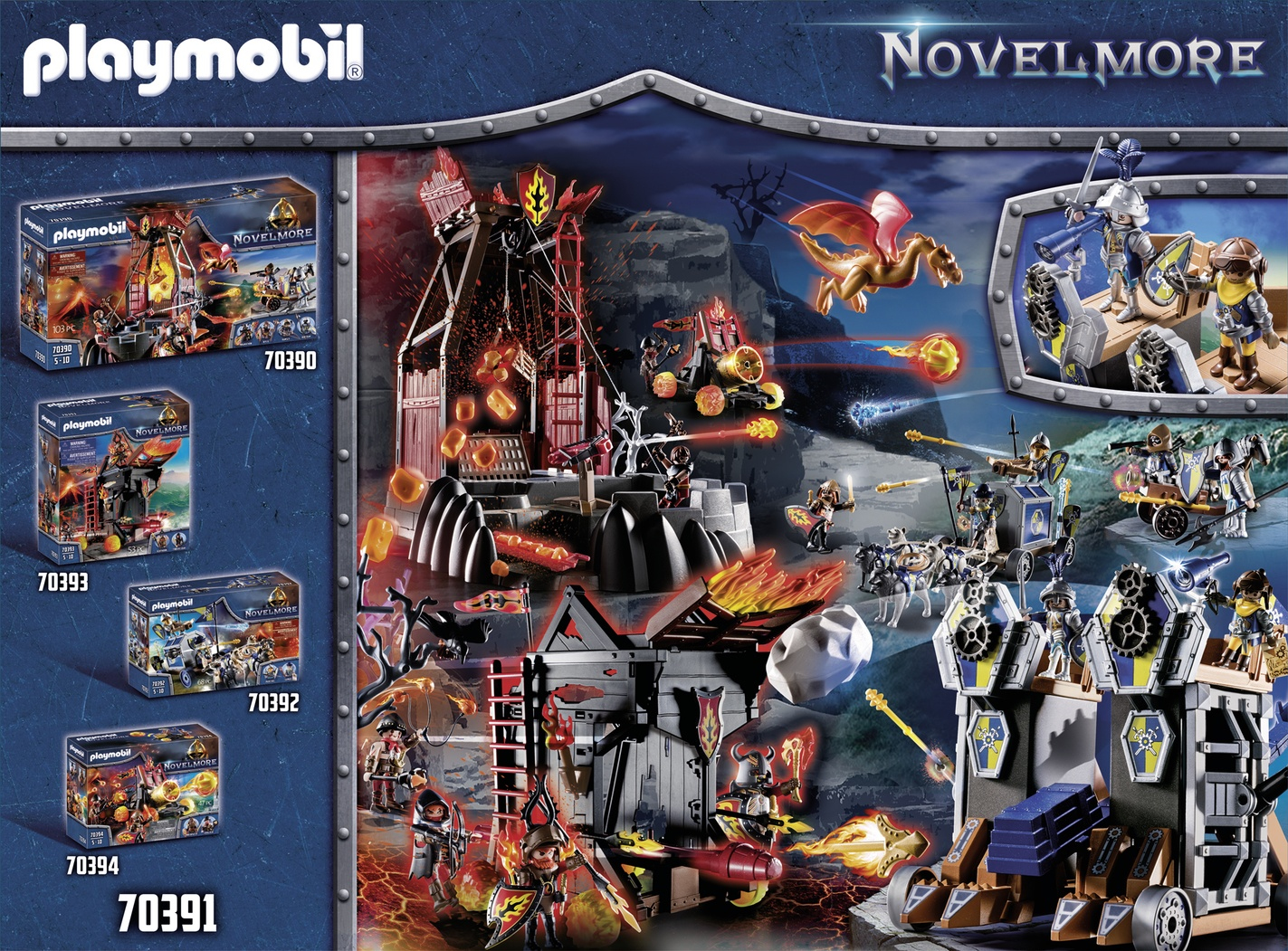 Set Playmobil Novelmore: castillo, figuras, dragón, fuego. Múltiples cajas con diferentes sets.