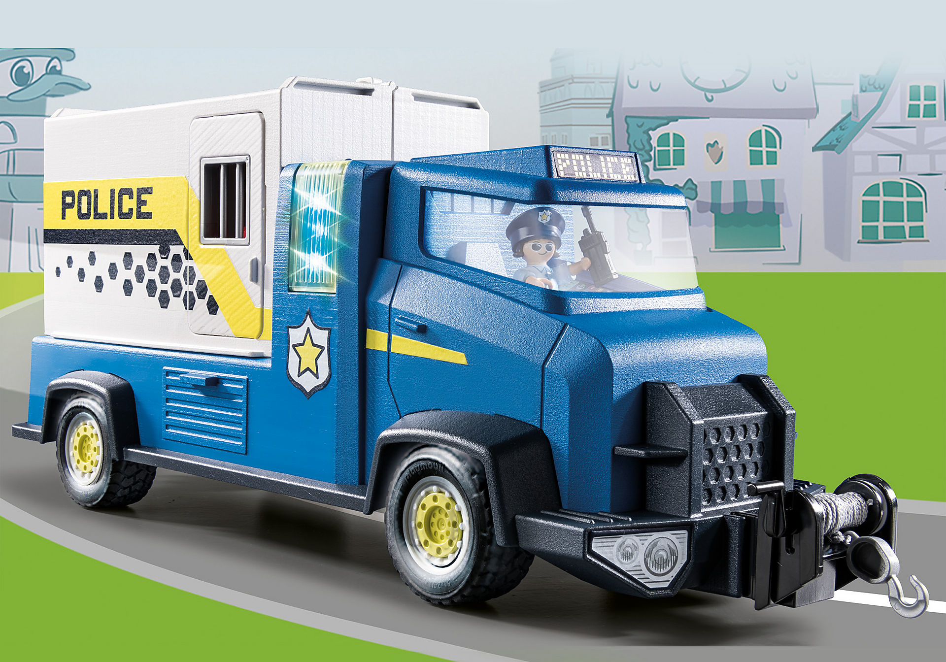 Blauer Polizei-LKW Spielzeug mit Polizistenfigur im Fahrersitz, mit Stadt-Hintergrund.