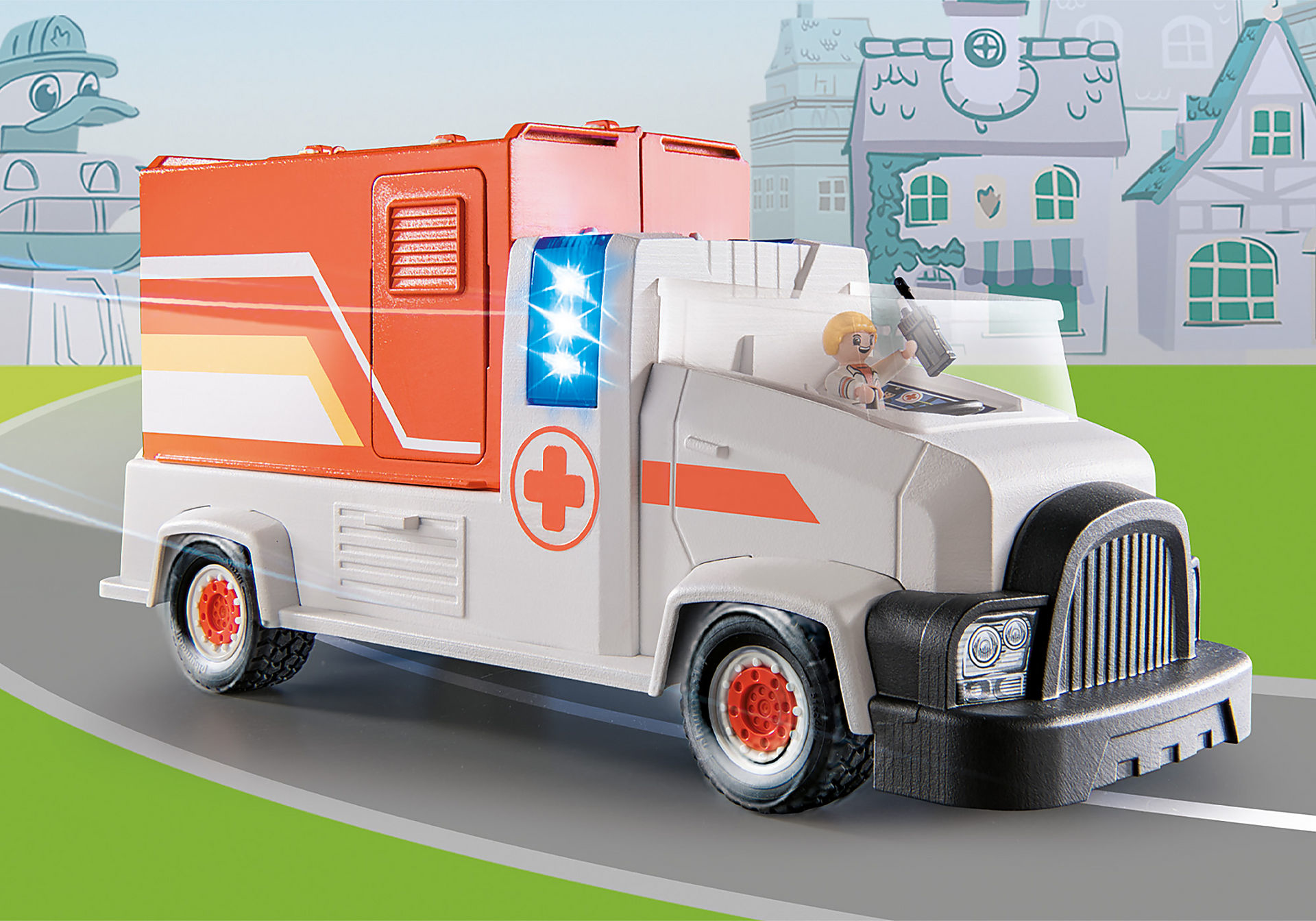 Spielzeug-Krankenwagen mit blinkenden Lichtern und einem Fahrer. Er ist weiß und rot.