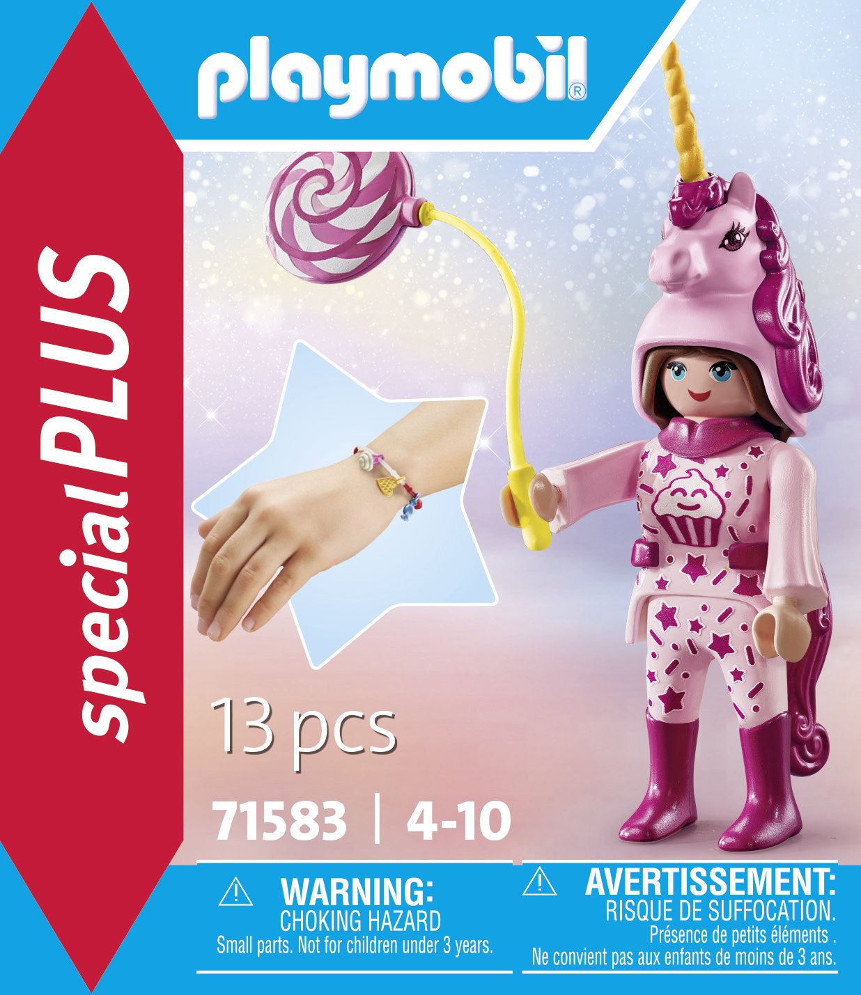 Playmobil-Spielzeugset mit einer Einhorn-Figur, die einen Lutscher hält, ein Armband und Produktinformationen.