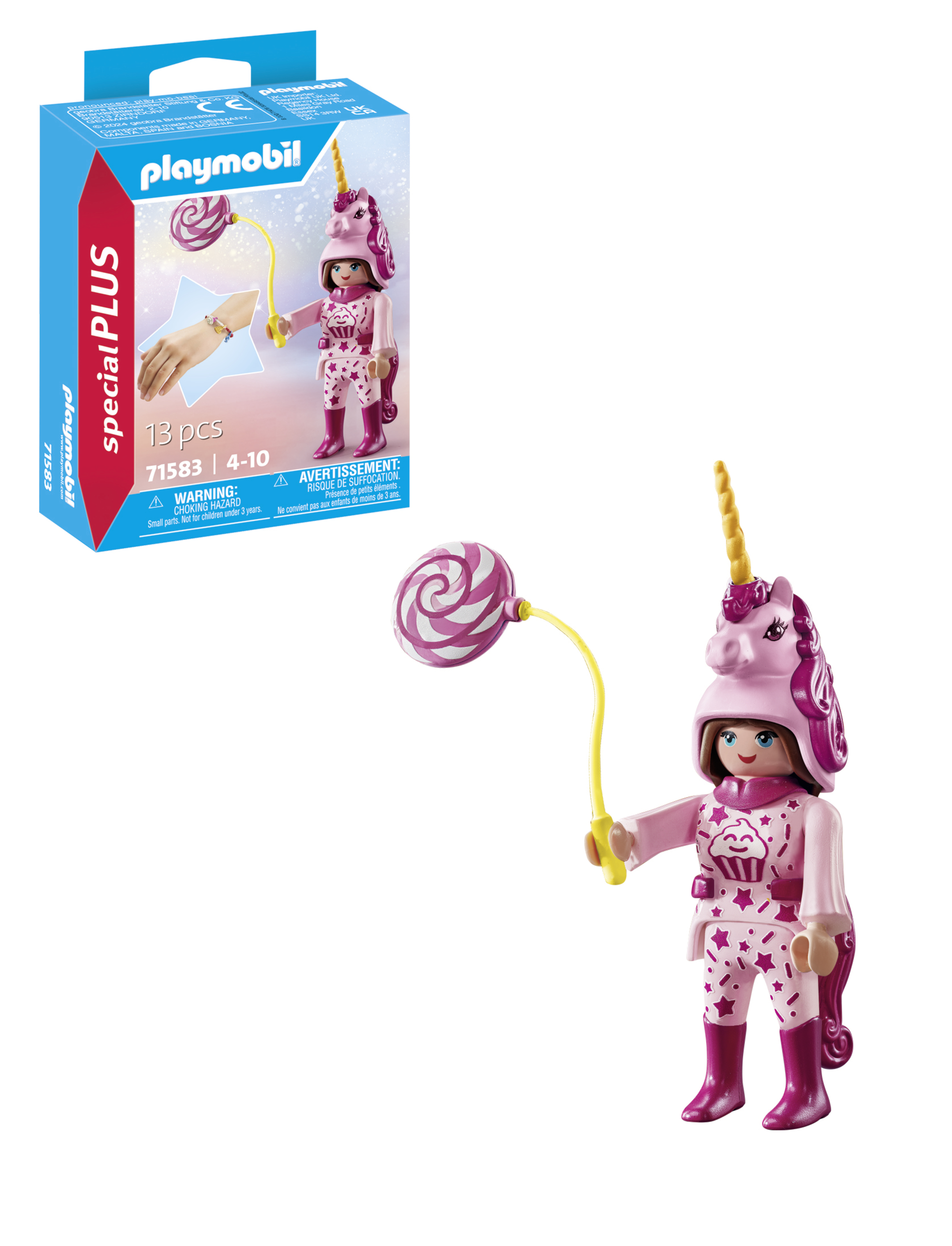 Playmobil-Figur mit Einhornhelm und Lutscher. Die Figur trägt rosa-weiß gemusterte Kleidung.
