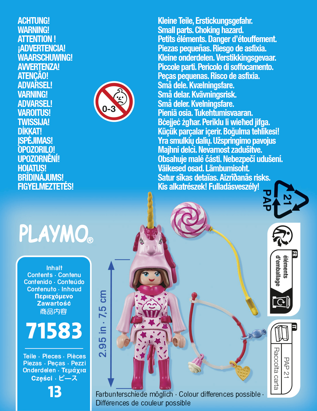 Playmobil-Figur mit Einhorn-Hut, Lutscher, Schleife und Zubehör, mit Warnhinweisen.