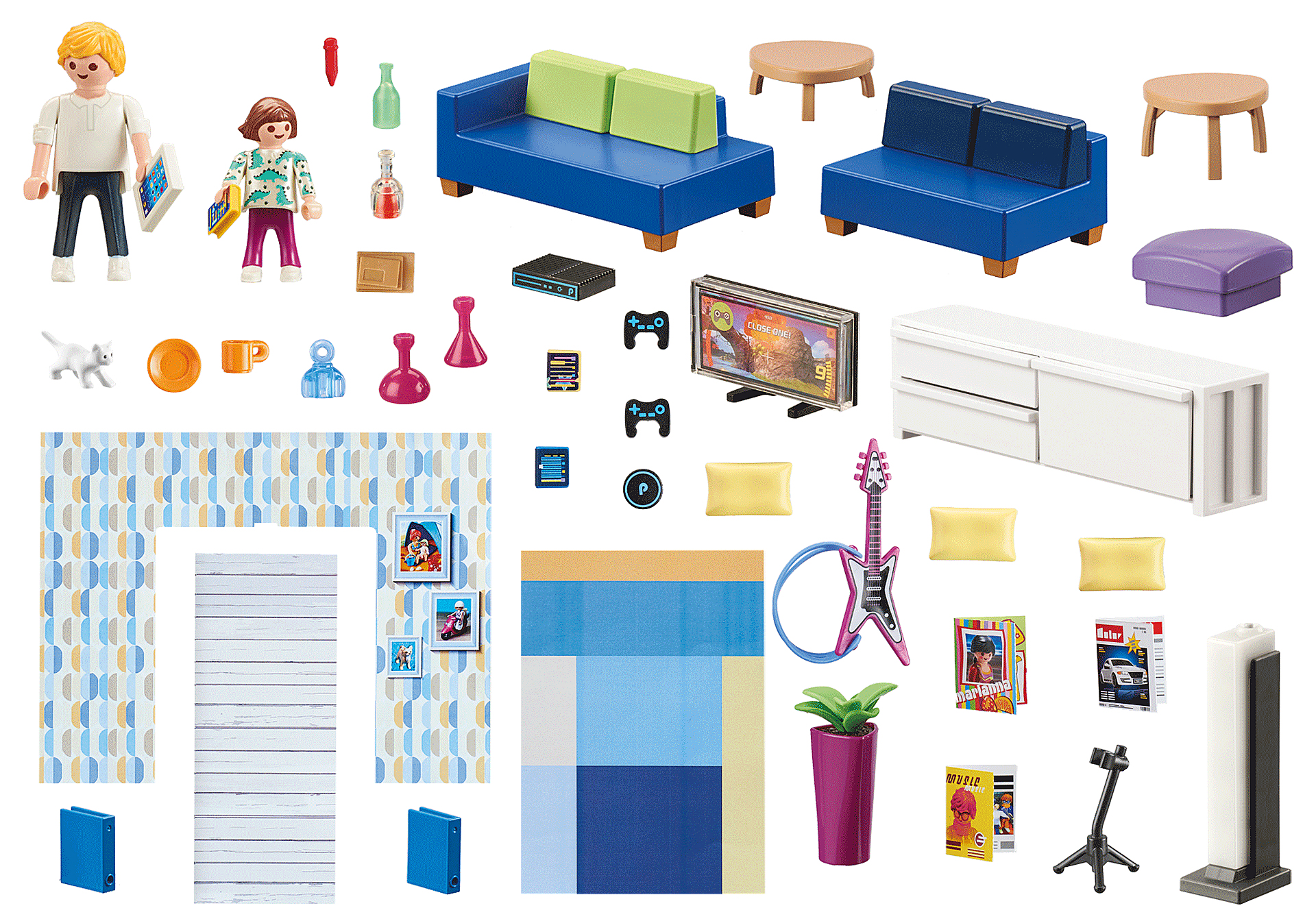 Un set soggiorno Playmobil. Include mobili, giocattoli e vari oggetti decorativi.