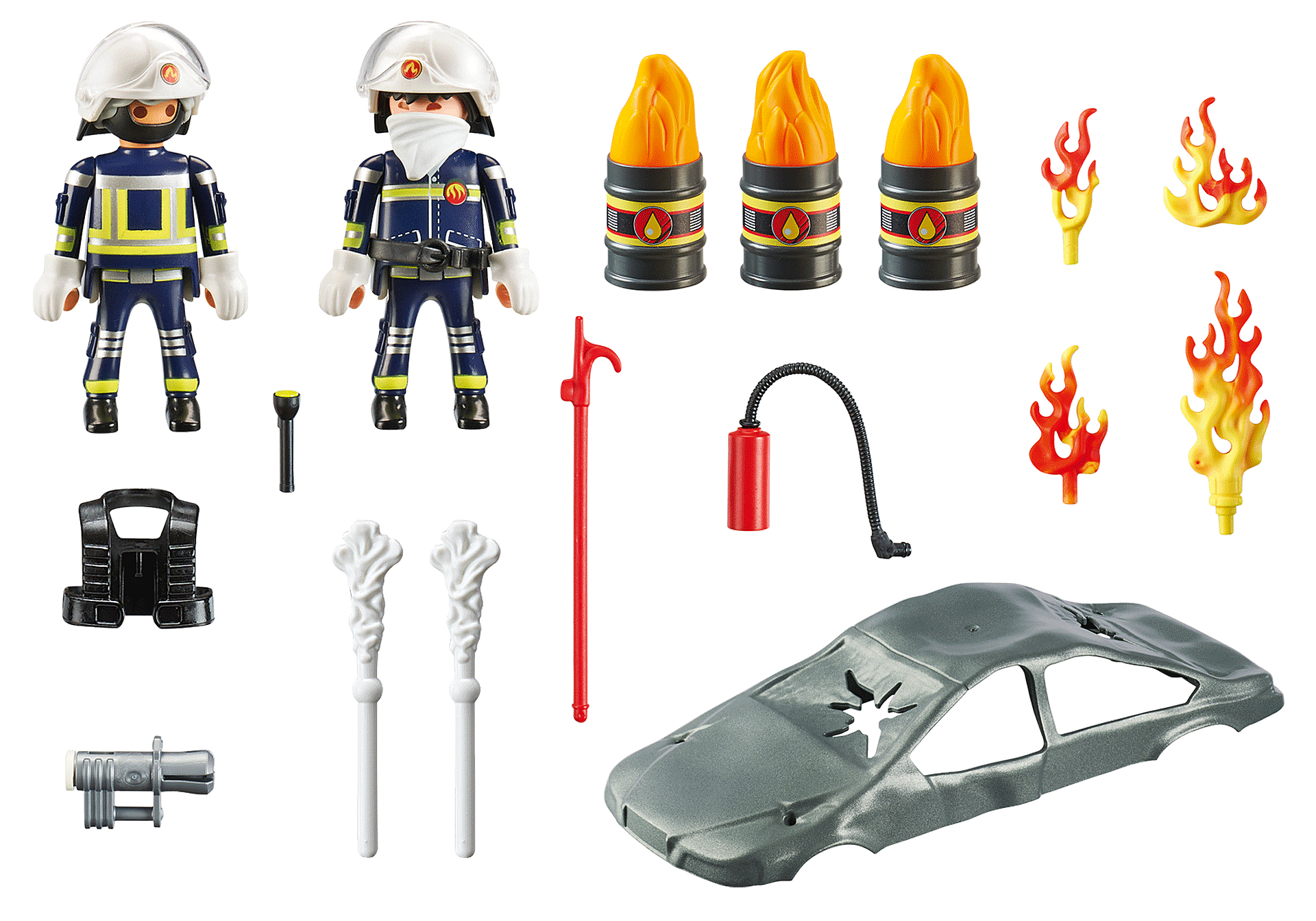Set de bomberos Playmobil con figuras, fuego y un coche destrozado.