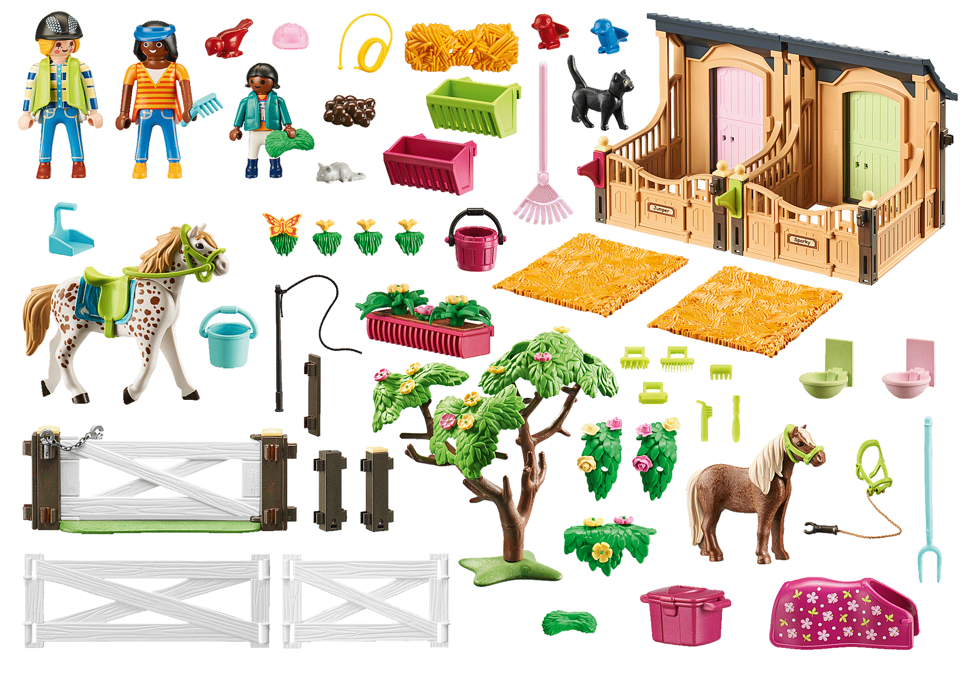 Ensemble d'écurie Playmobil avec figurines, chevaux et accessoires.