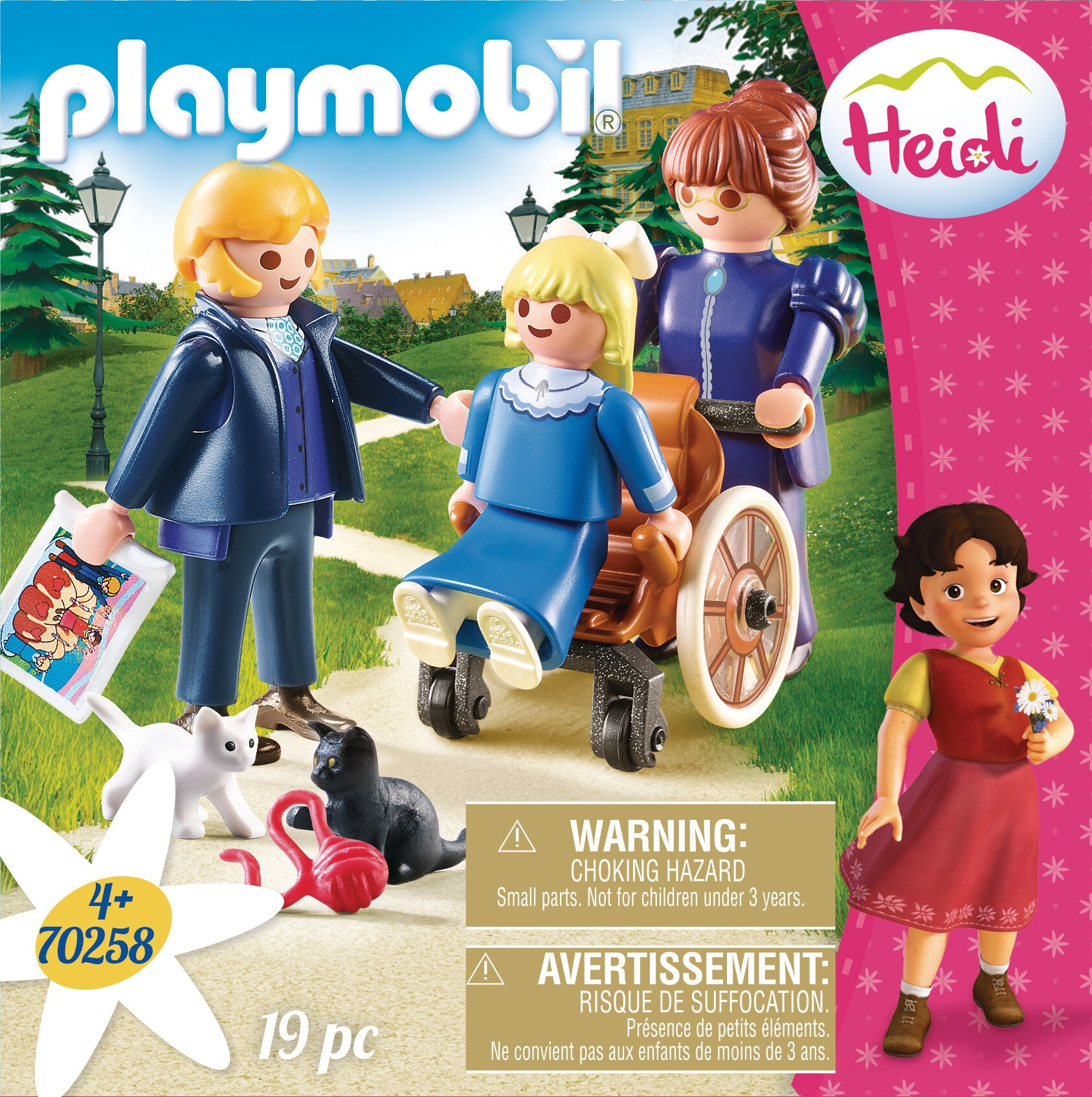 Playmobil Heidi-Set mit Figuren von Heidi, einer Frau, einem Mann und Zubehör. Die Szene spielt draußen.