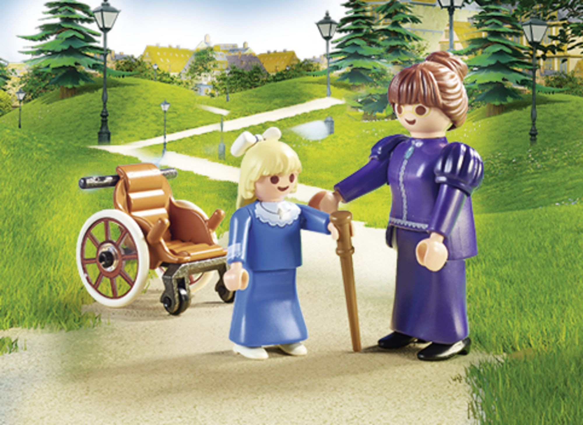 Playmobil-Szene: Zwei Figuren helfen einem Kind mit einem Rollstuhl.