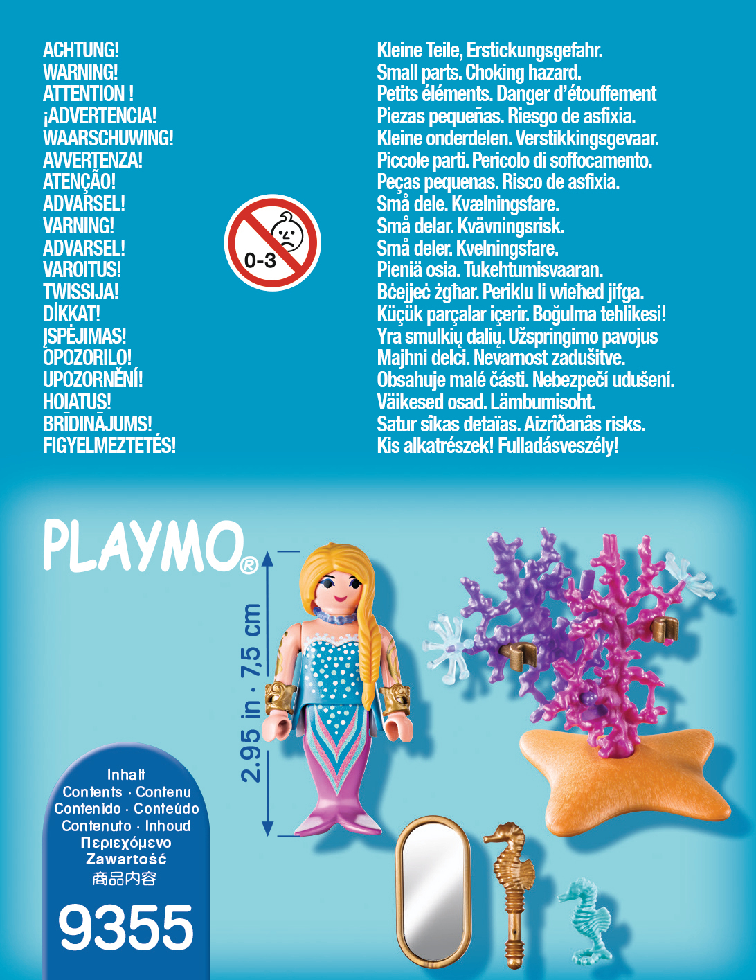 Zabawka syrenka z lustrem i stworzeniami morskimi. Tło jest białe. Tekst jest w wielu językach.