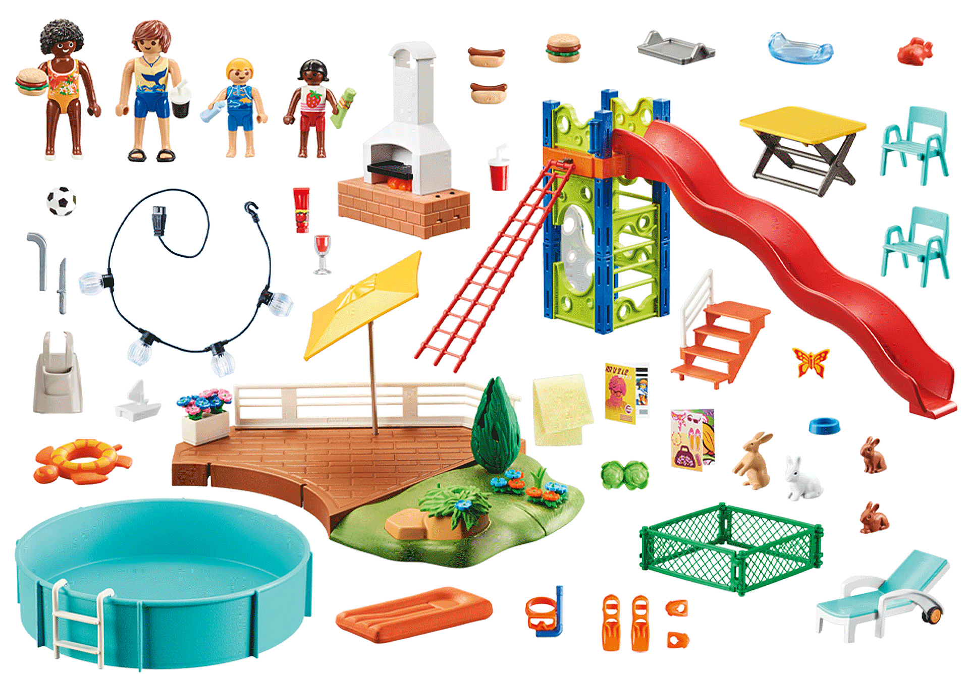 Zestaw Playmobil. Figurki, grill, basen, zjeżdżalnia, akcesoria. Białe tło.