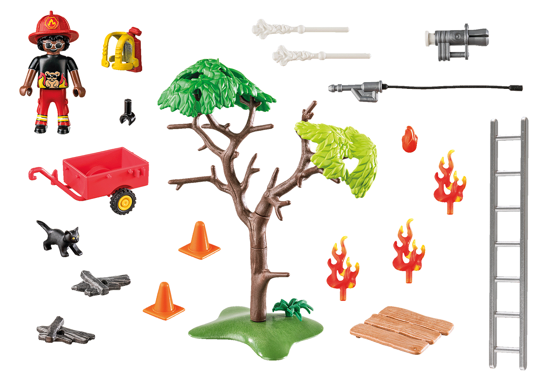 Eine Feuerwehrfigur mit Ausrüstung, ein Baum, Feuer und andere Feuerwehrausrüstung auf weißem Hintergrund.
