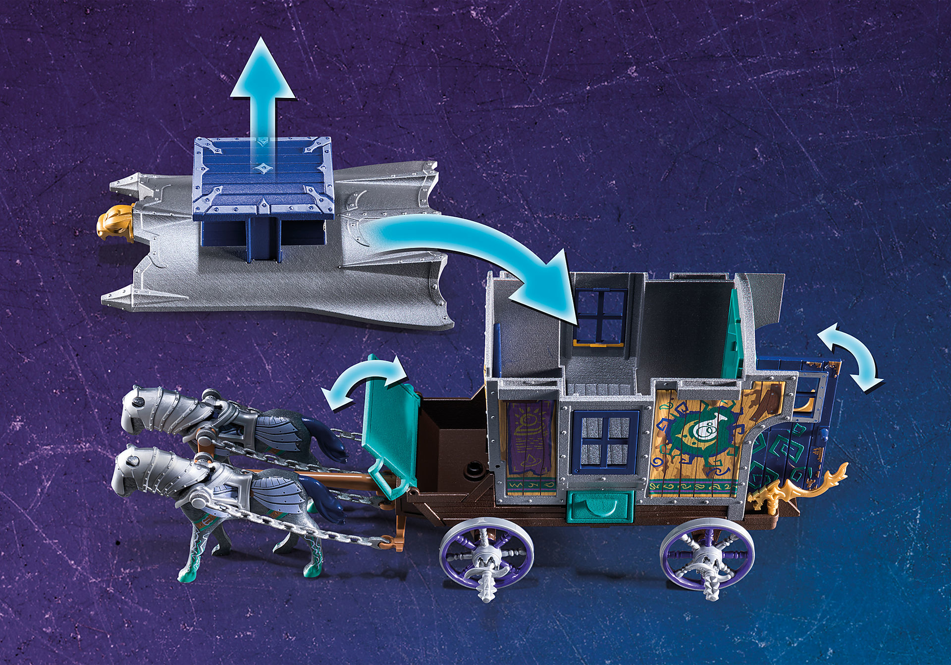 Wózek zabawkowy z końmi. Niebieskie strzałki pokazują, jak otworzyć wózek. Tło jest fioletowe.