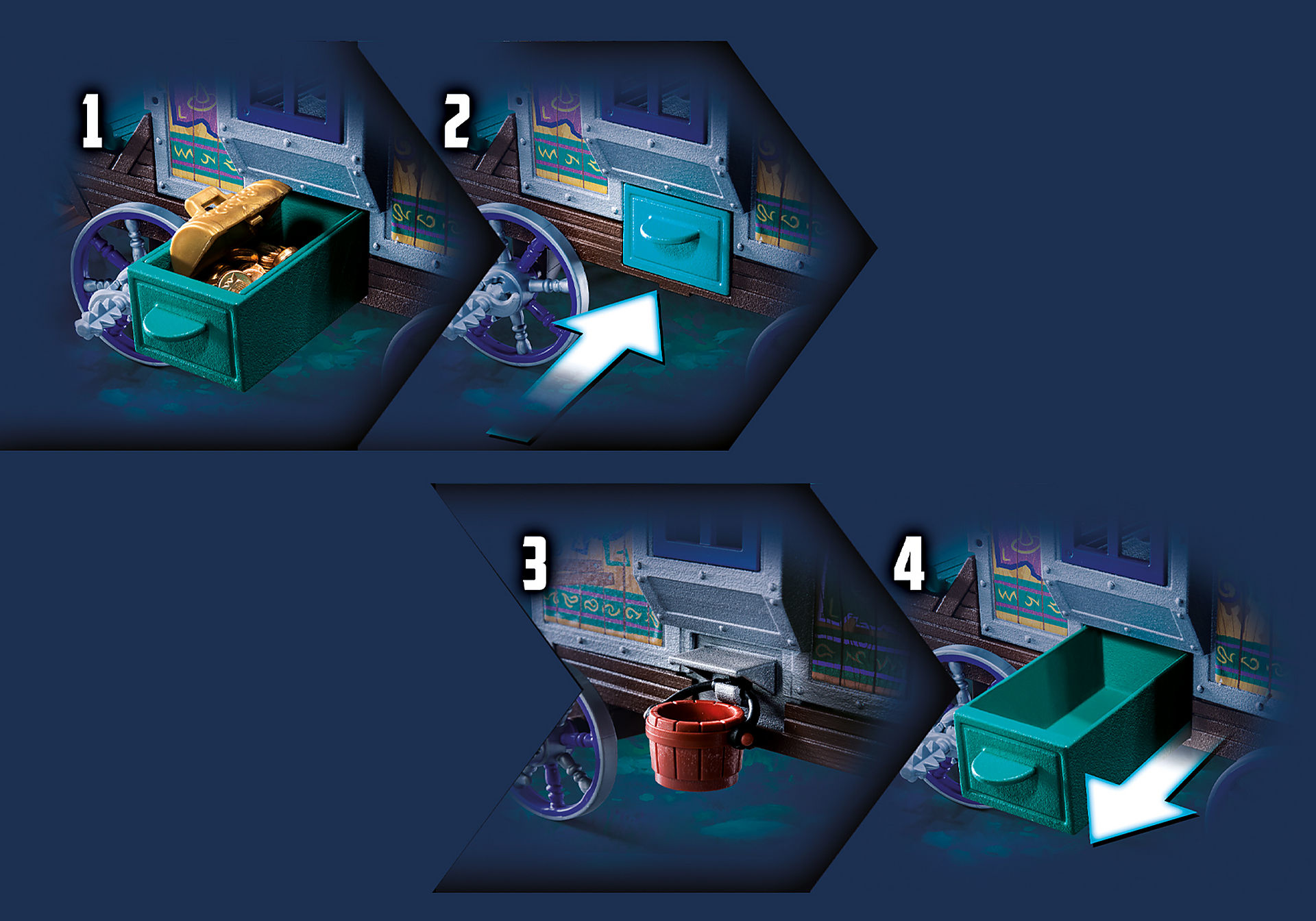 Sekwencyjne obrazy przedstawiające wózek zabawkowy ze skrzynią skarbów, wiadrem i szufladą. Wszystko jest częścią zestawu zabawek w niebieskiej scenie.