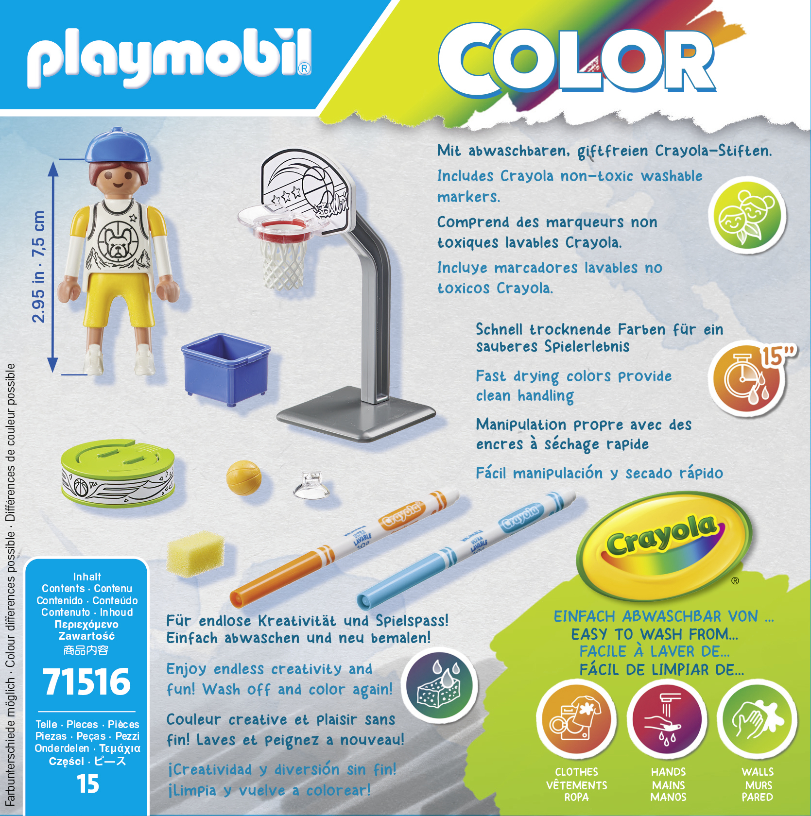 Playmobil-Set mit Figur, Basketballkorb und Crayola-Markern.