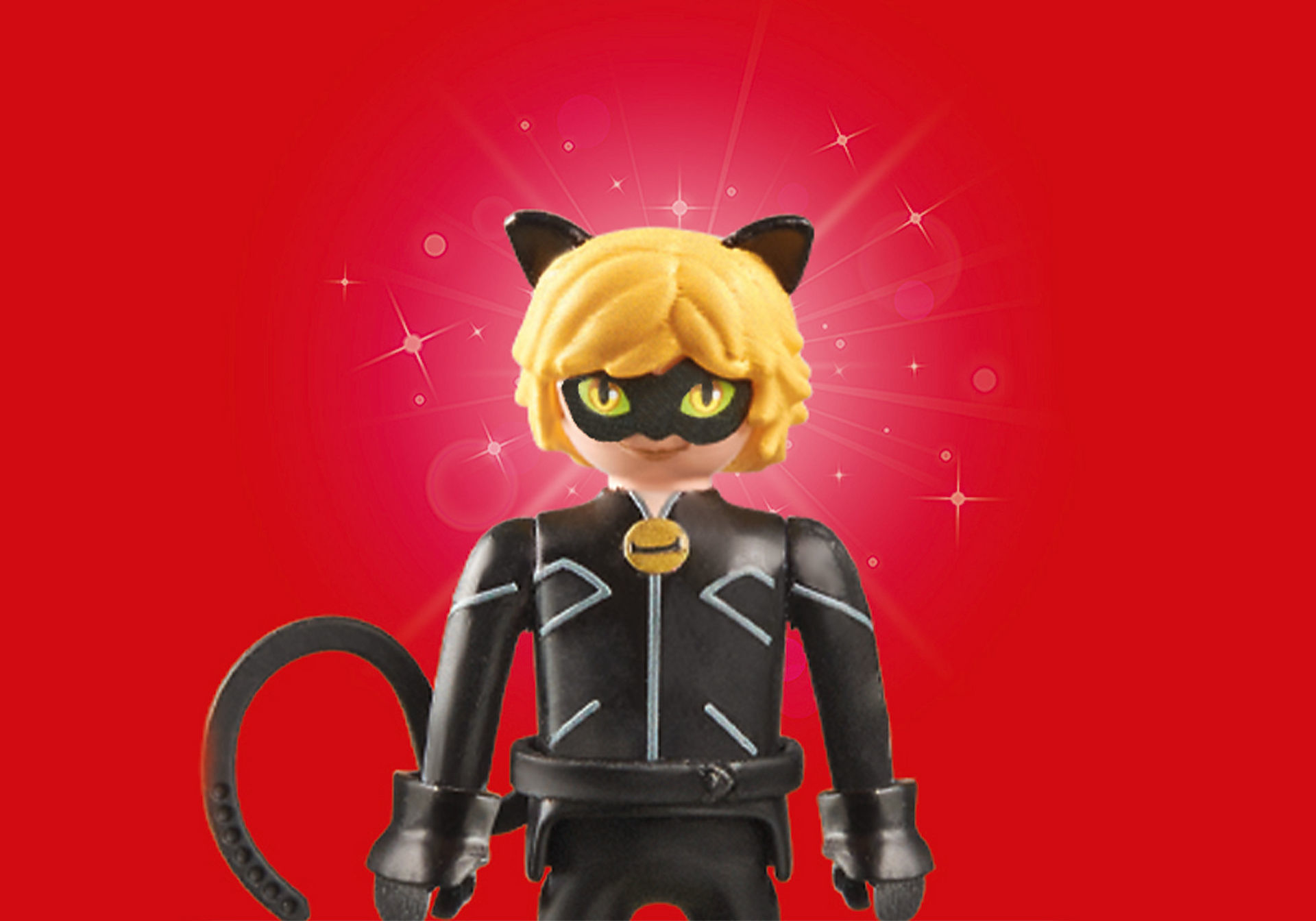 Cat Noir Figur aus Miraculous Ladybug, auf rotem Hintergrund mit weißen Sternen.