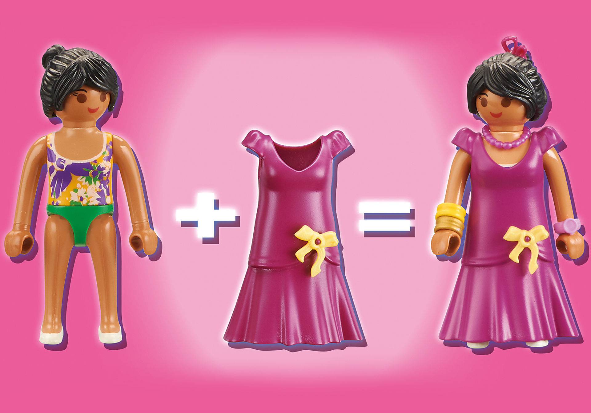 Zwei Playmobil-Figuren, eine in Bademode, die andere im Kleid, zeigen Ankleide-Optionen.