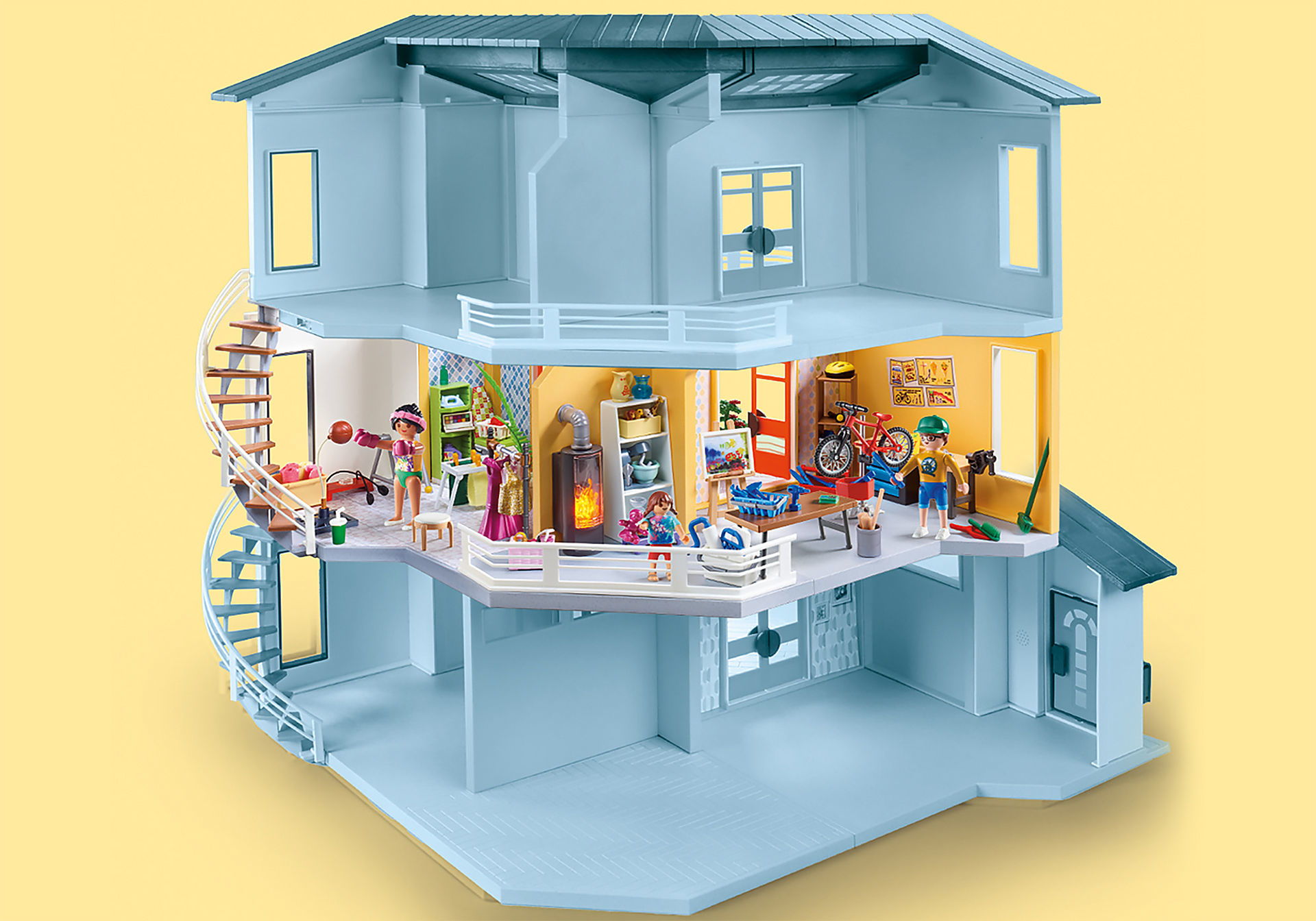 Ein Playmobil-Puppenhaus mit mehreren Zimmern. Es hat Möbel und Menschen. Gelber Hintergrund.