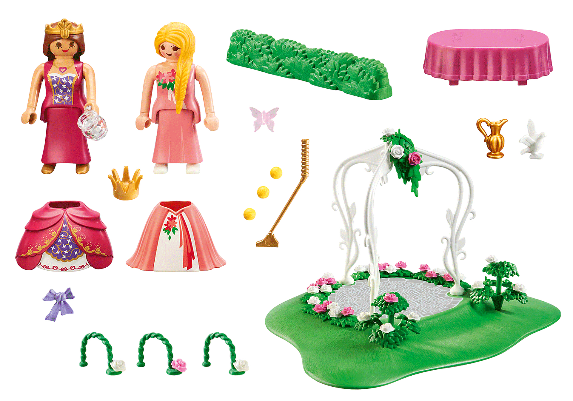 Eine Sammlung von Spielfiguren und Zubehör. Es gibt zwei Prinzessinnenfiguren, einen Bogen und einen Tisch.