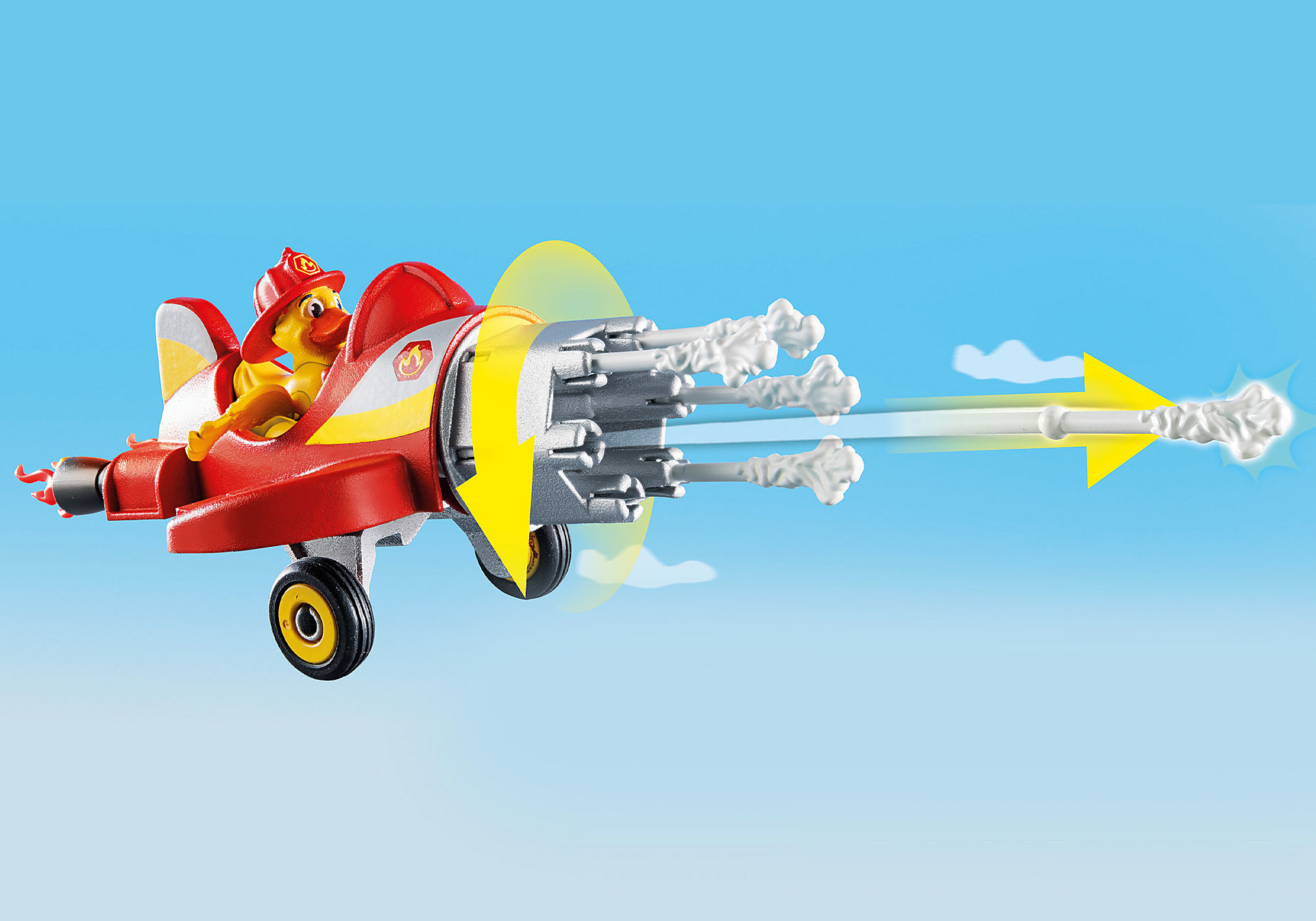 Rotes Spielzeugflugzeug schießt weiße Projektile ab.