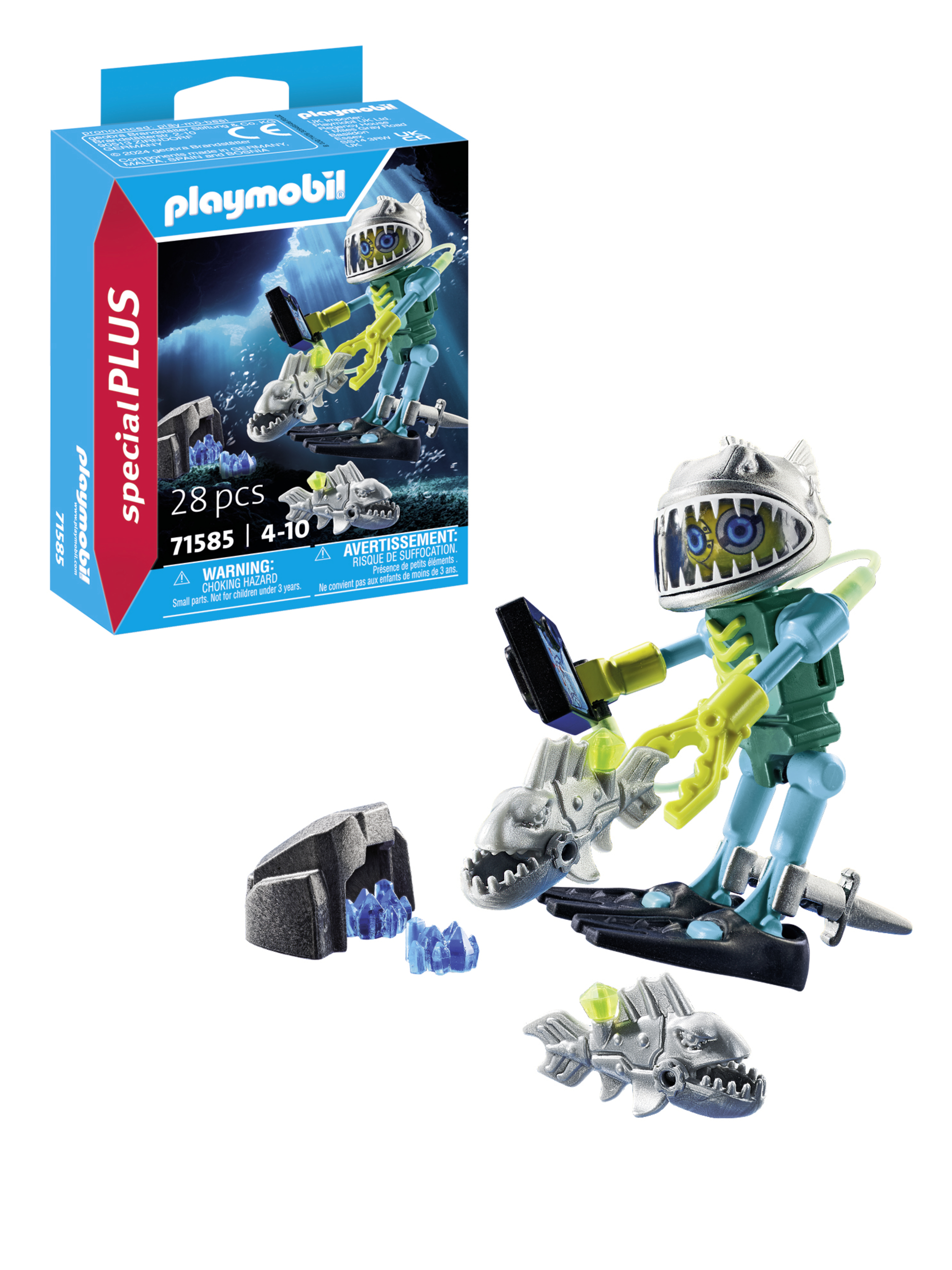 Set Playmobil con subacqueo, casco a tema squalo e squali giocattolo. C'è una scatola blu a sinistra.