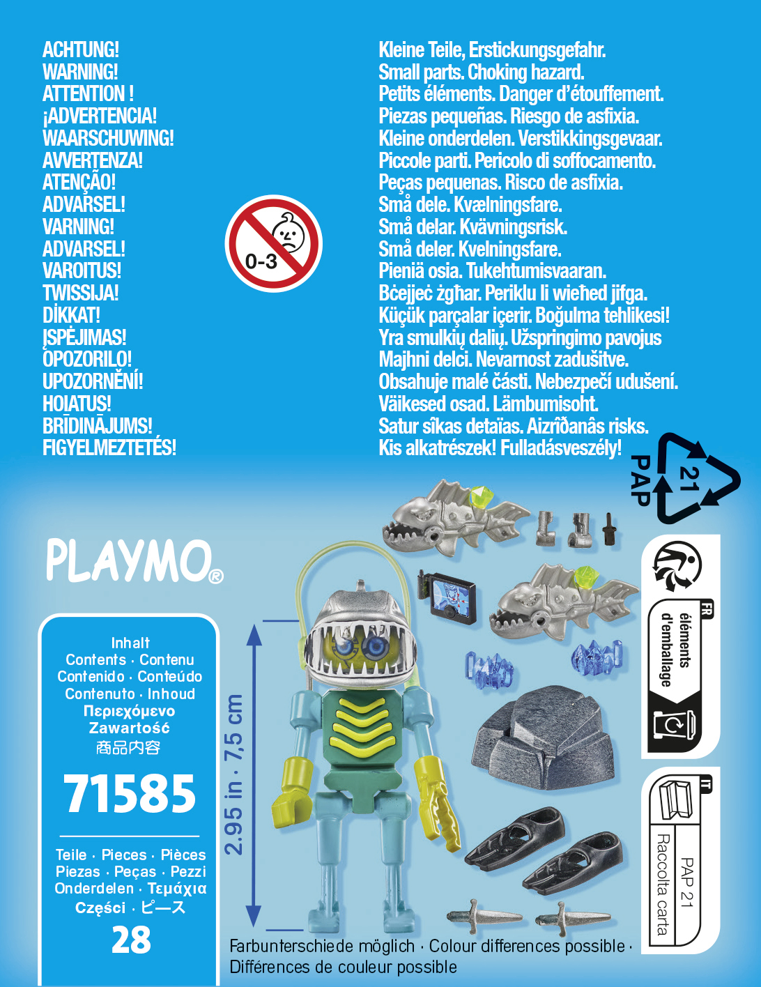 Un set di giocattoli Playmobil con un subacqueo e accessori, tra cui un piccolo schermo e attrezzi.
