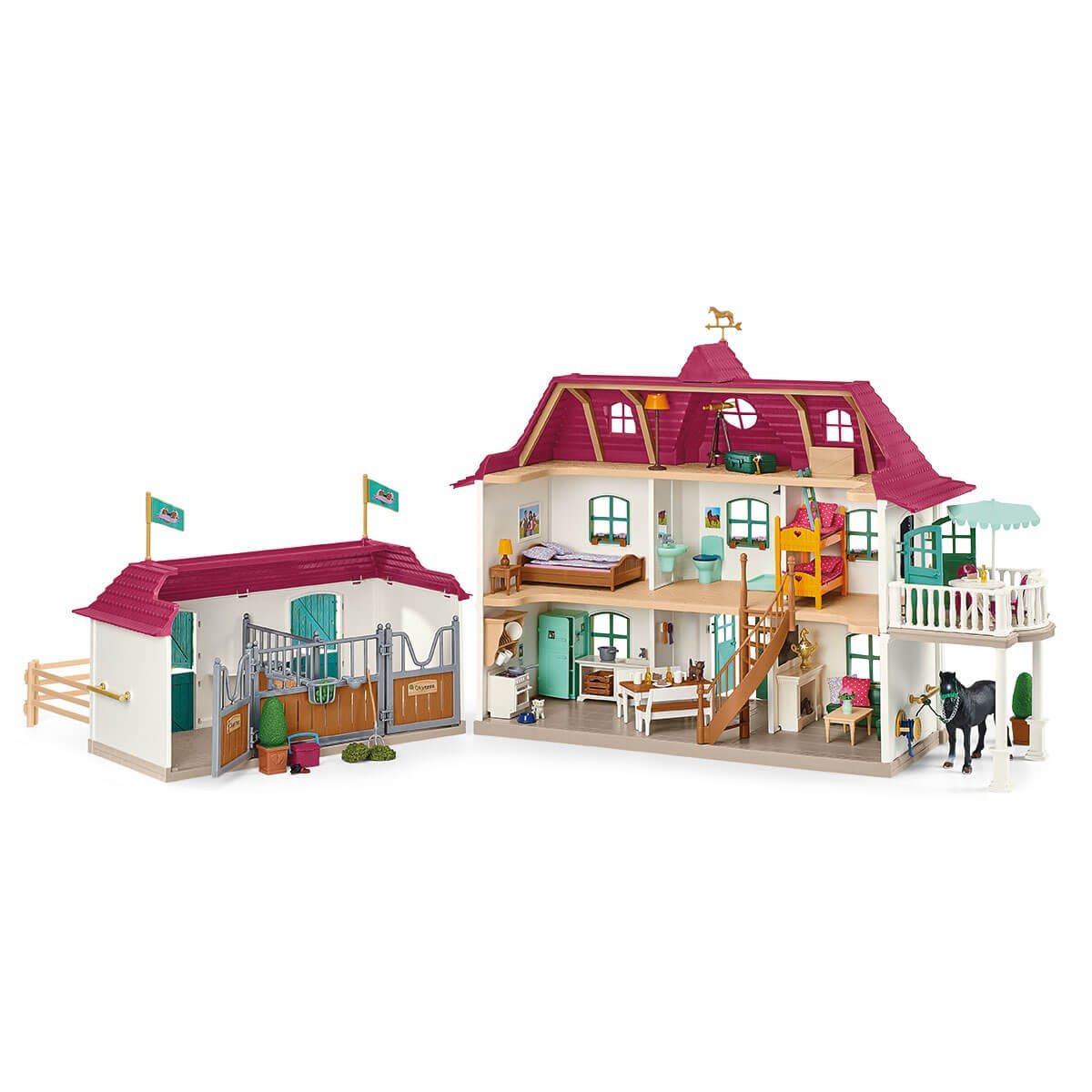 Un set casa delle bambole e stalla con una casa, una stalla e una figura di cavallo nero.