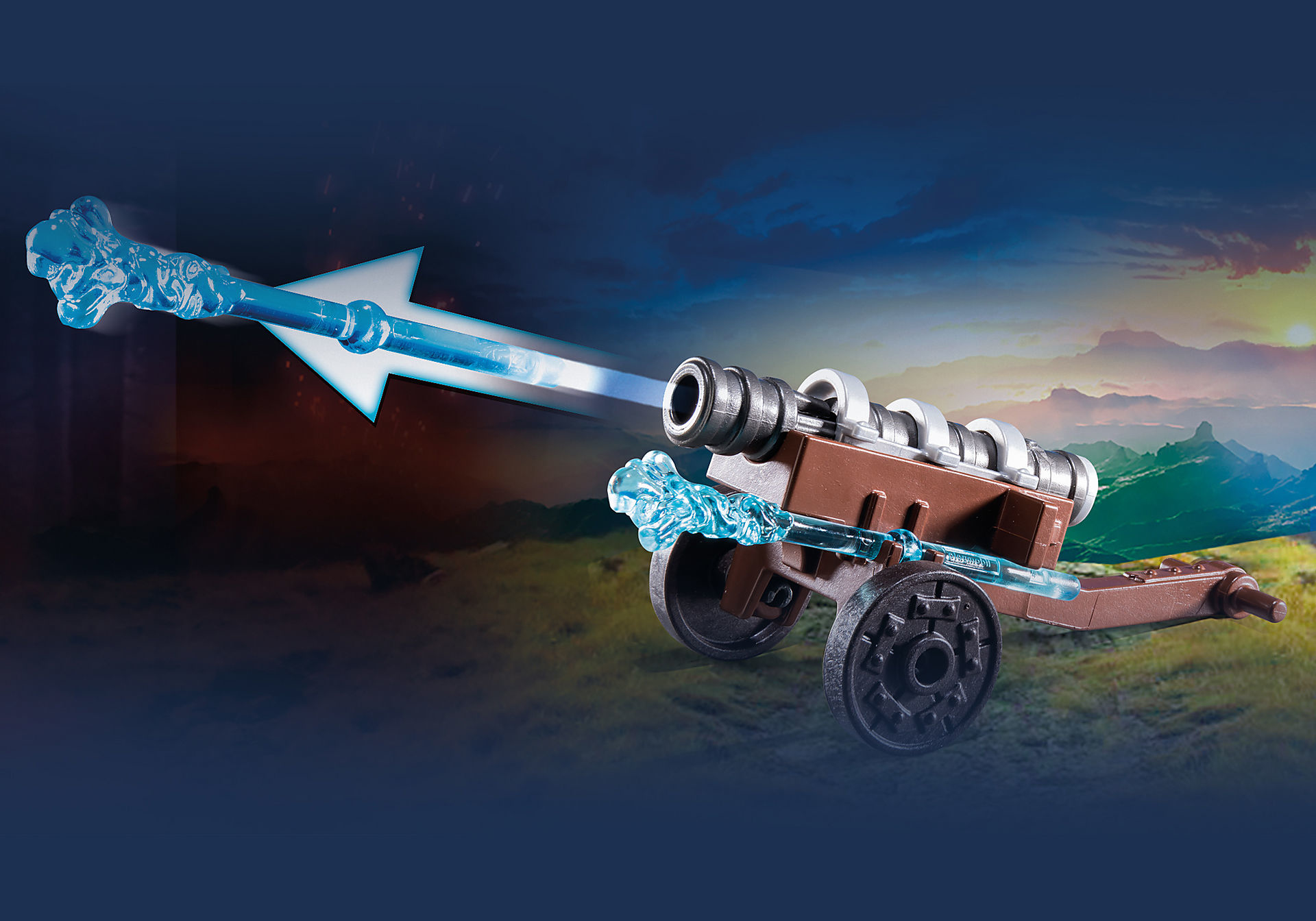 Zabawkowe działo strzelające niebieskim wybuchem energii z kryształami lodu w fantastycznej scenerii z górami.