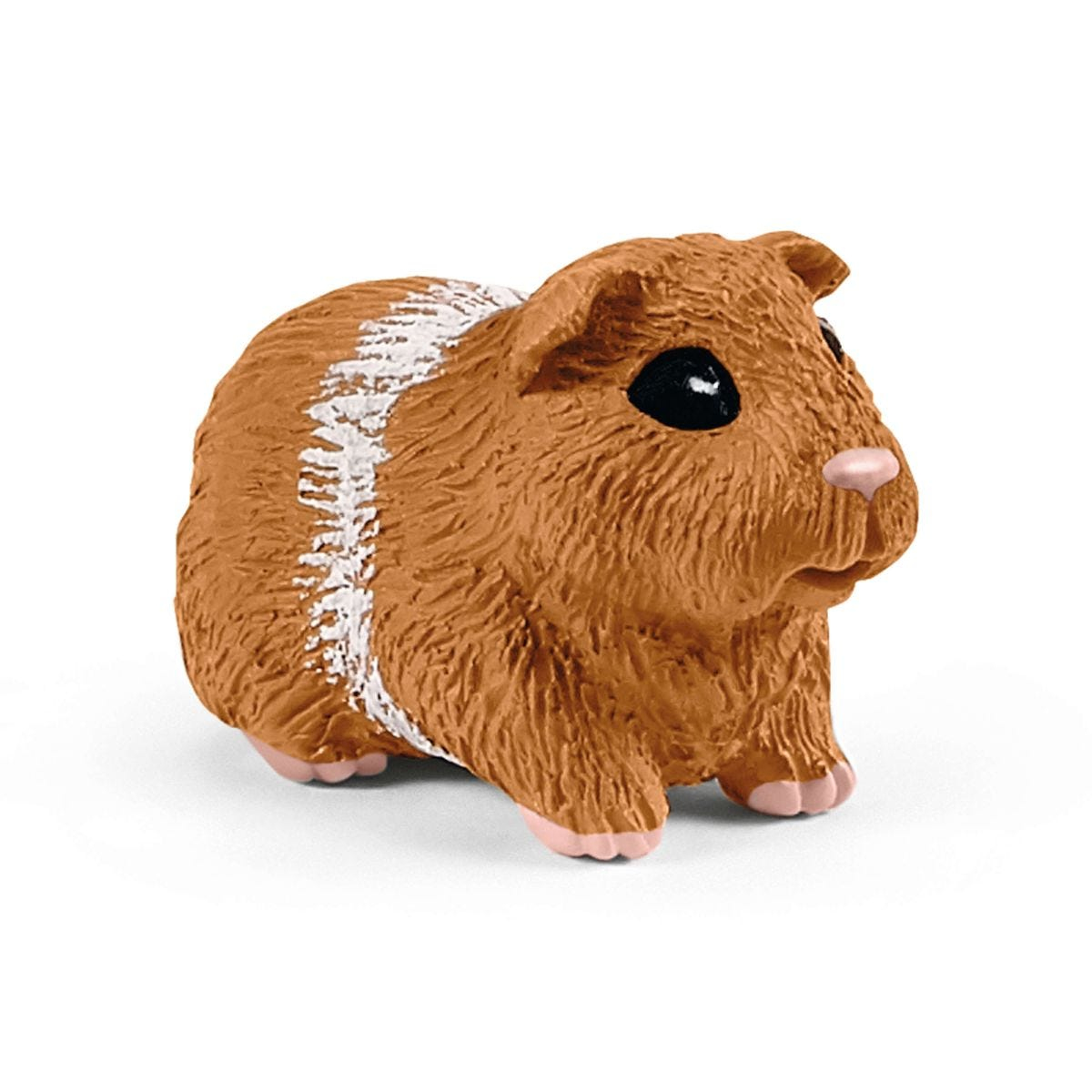 Un juguete de cobaya marrón con una raya blanca en la espalda, sobre fondo blanco.