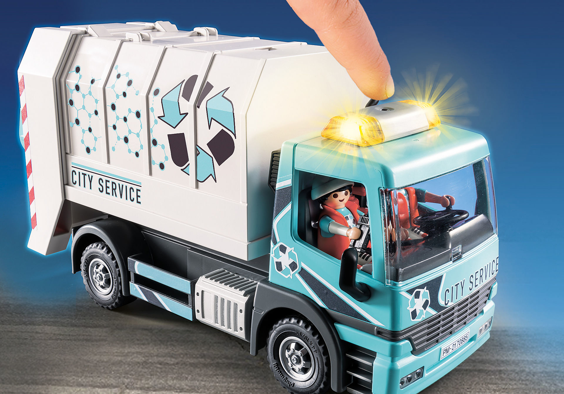 Playmobil City Service Müllwagen mit Figuren, blau und weiß, Recycling-Logo und Lichtern.