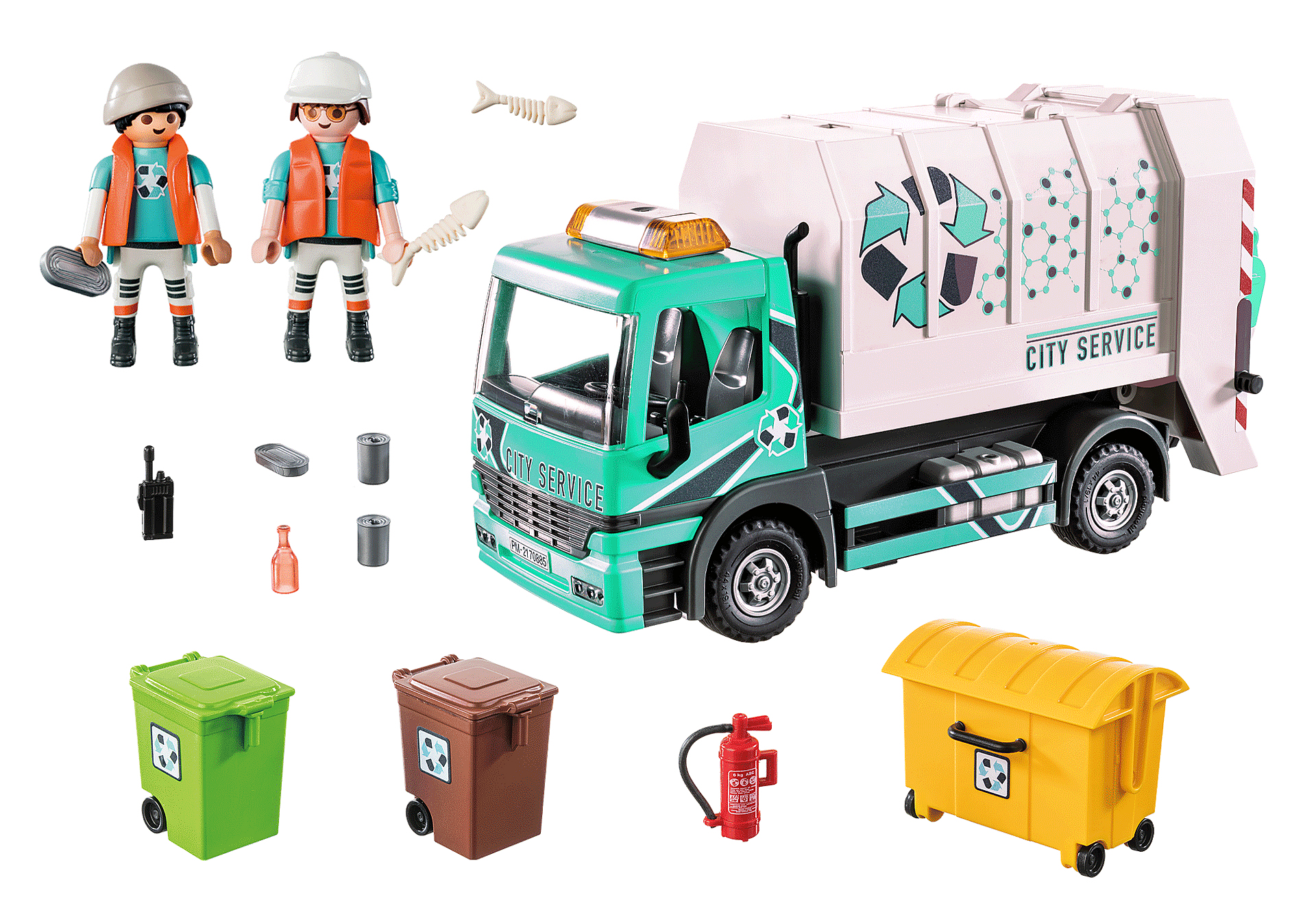 Spielzeug-Müllwagen mit Figuren und Mülltonnen. Enthält einen Feuerlöscher.