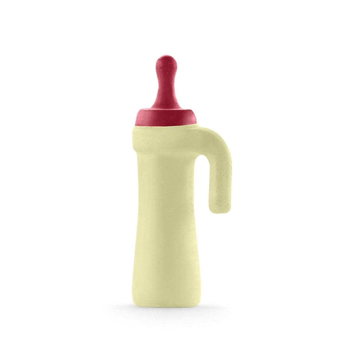 Eine Babyflasche mit rotem Sauger und Griff. Die Flasche ist hellgelb.