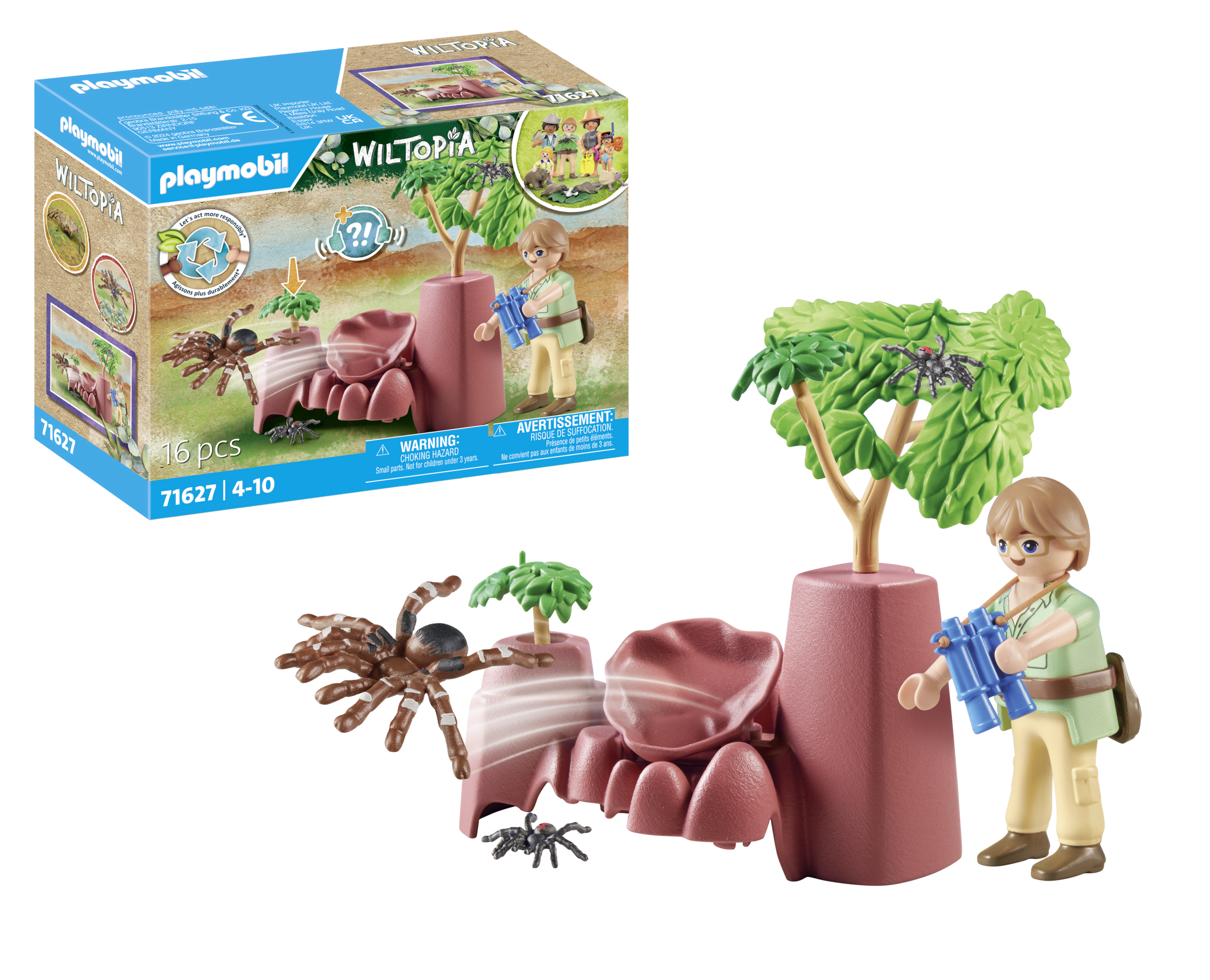 Set Playmobil Wiltopia con figura, tarantola ed elementi habitat. La confezione mostra la stessa scena.
