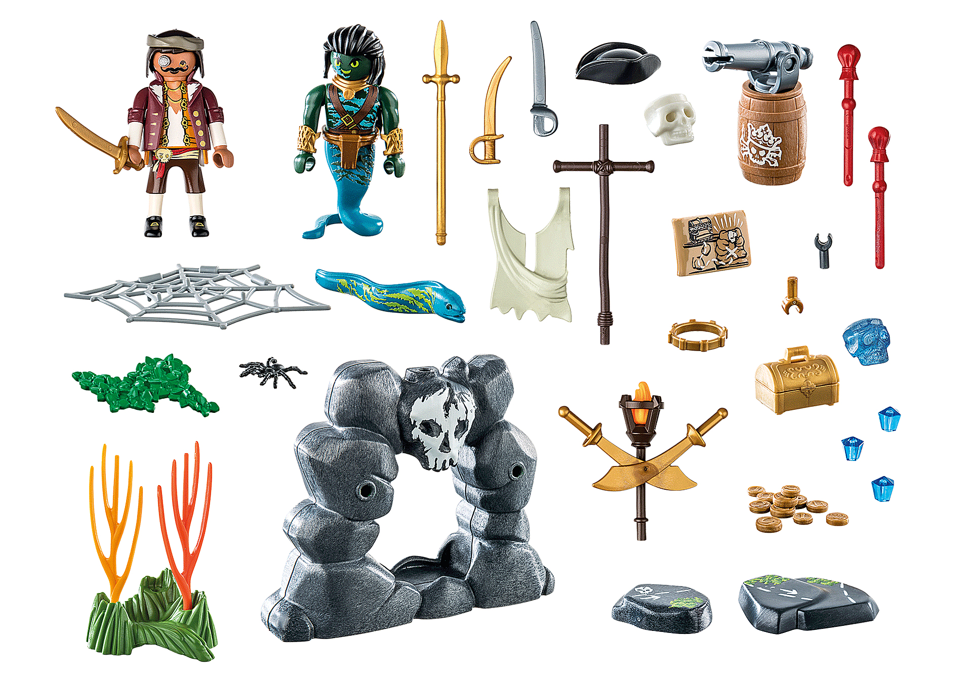 Una collezione di accessori a tema pirata giocattolo, tra cui un pirata, armi e uno scrigno del tesoro.