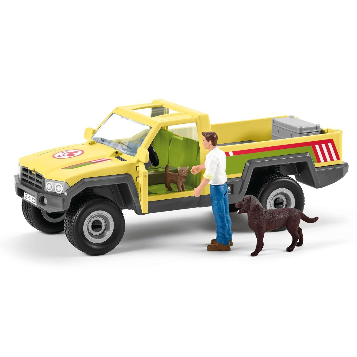 Ein gelber Spielzeug-Pickup mit einem Mann, einer Katze und einem Hund. Der Truck hat einen grünen Streifen.