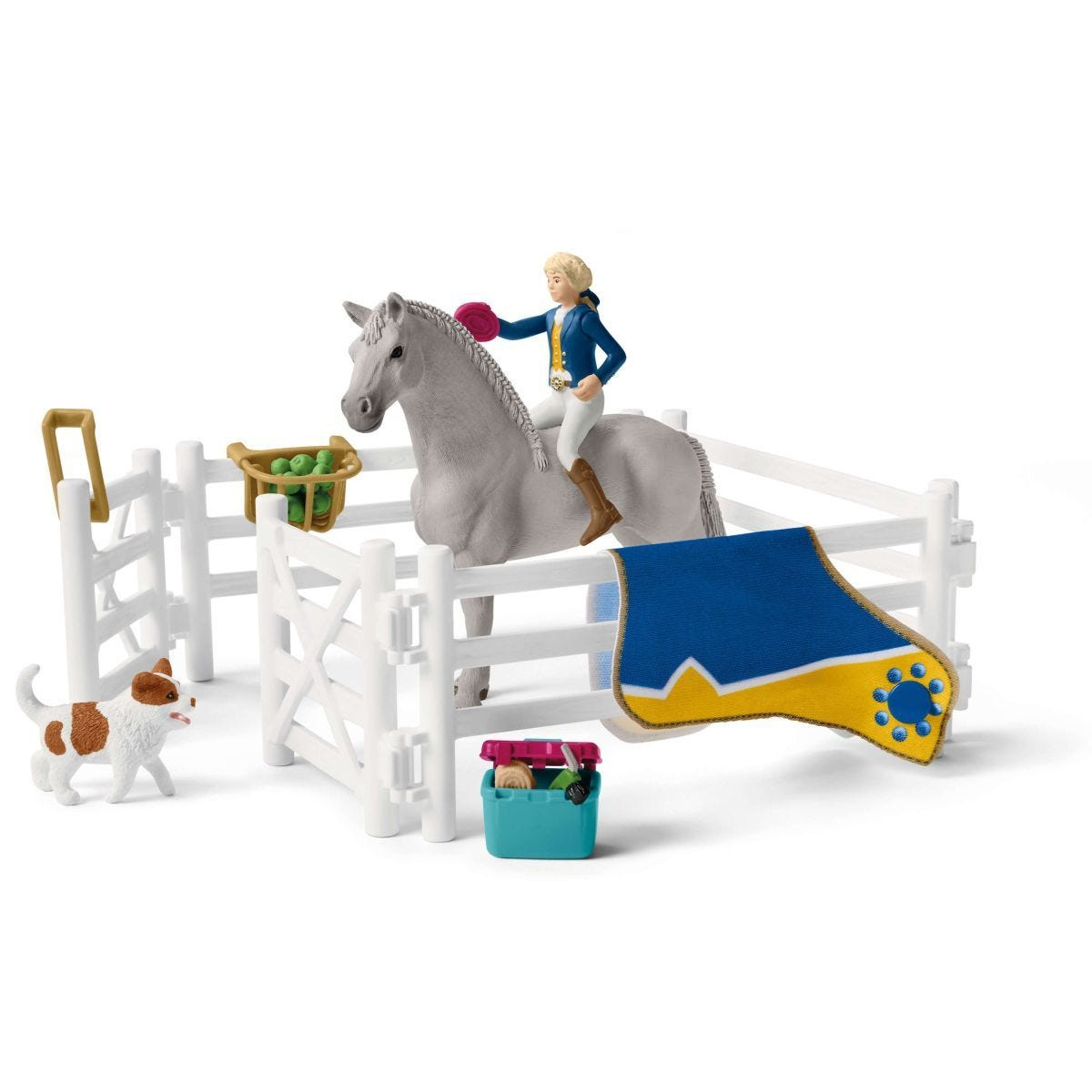 Spielzeugszene: Pferd, Reiter, Hund und Stall.
