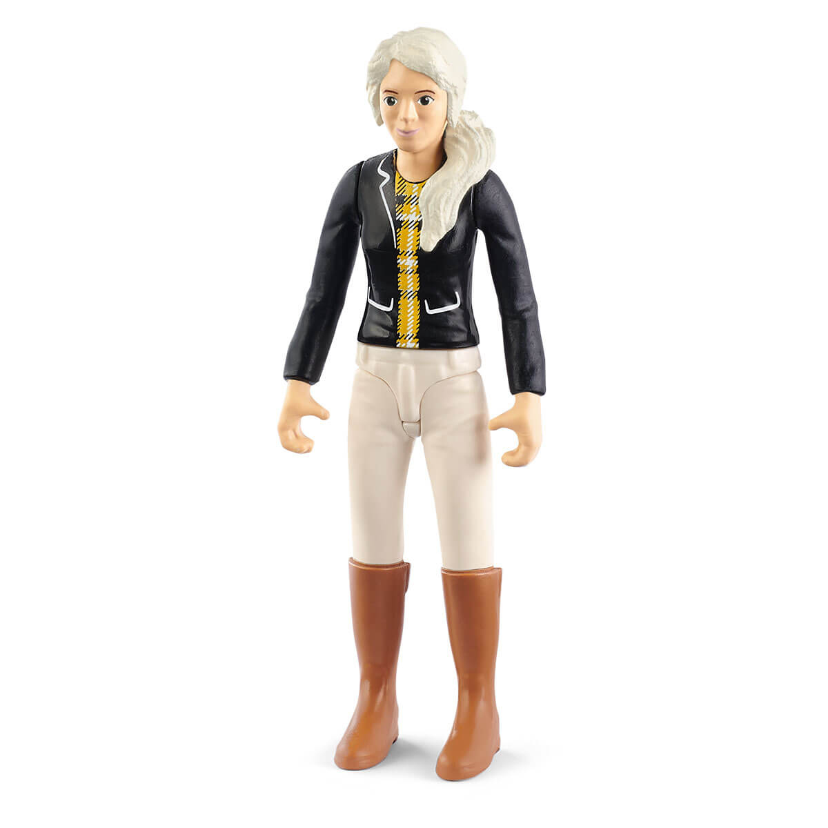 Eine Playmobil-Figur einer weiblichen Pferdereiterin mit schwarzer Jacke und braunen Stiefeln.