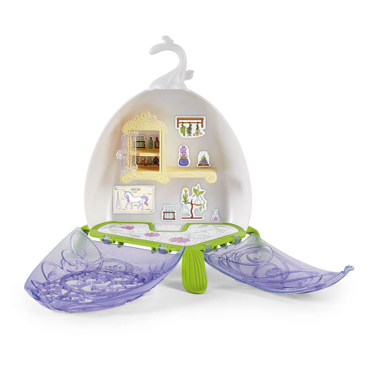 Playmobil-Feenhaus mit offenen Flügeln. Innenraum mit Laborausstattung und Aufklebern.