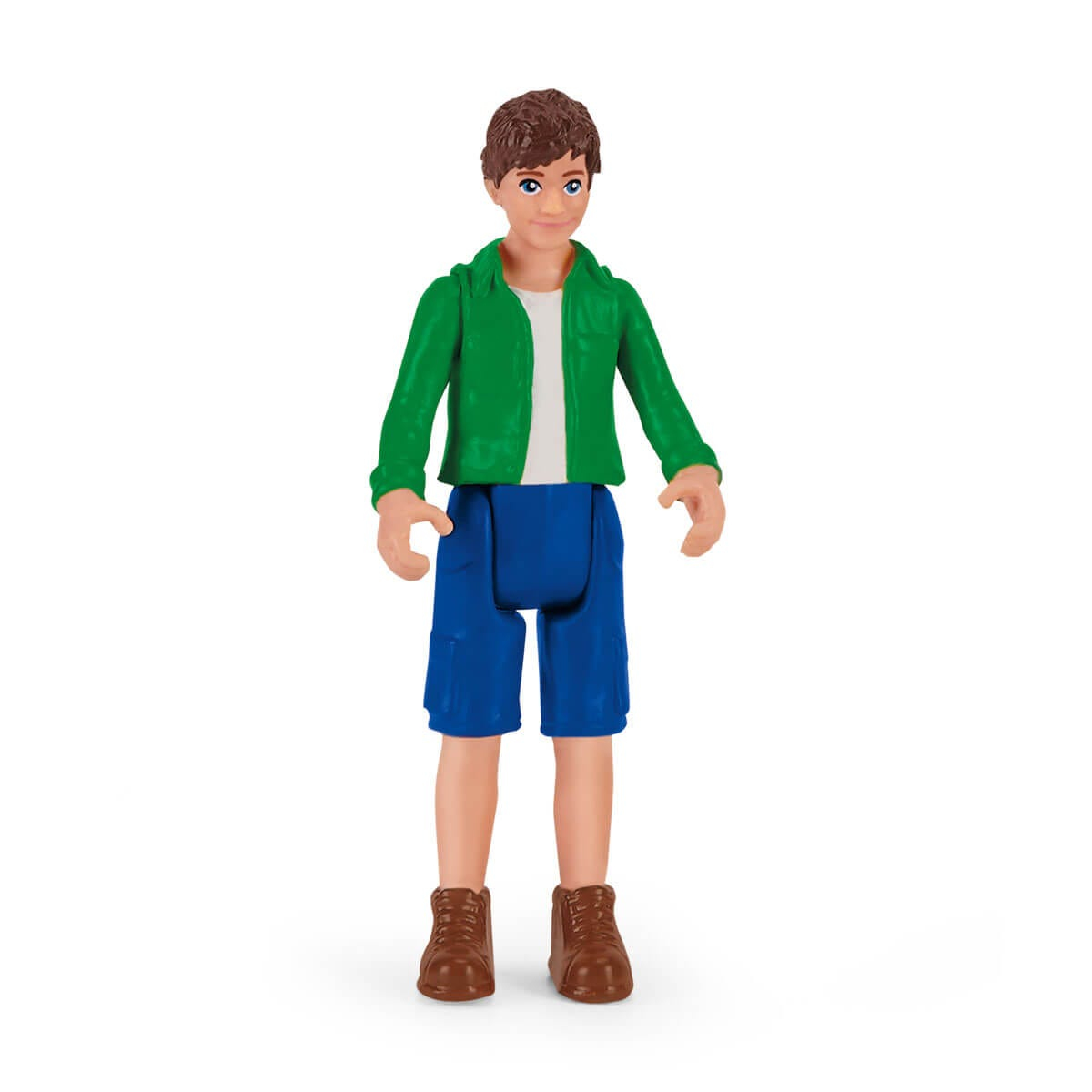 Eine männliche Figur mit grüner Jacke, weißem Hemd, blauen Shorts und braunen Schuhen.