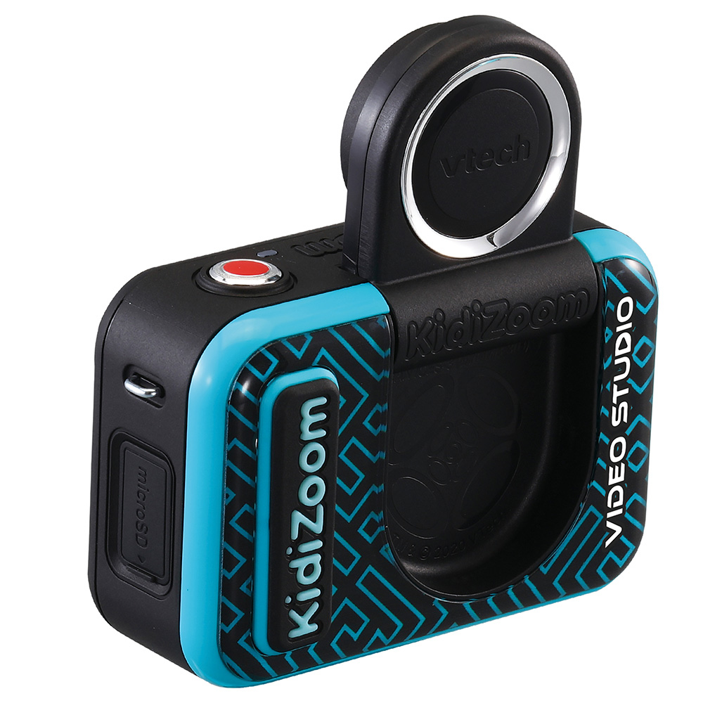 Eine schwarze und blaue Kidizoom-Kamera mit rundem Objektiv, isoliert auf Weiß.