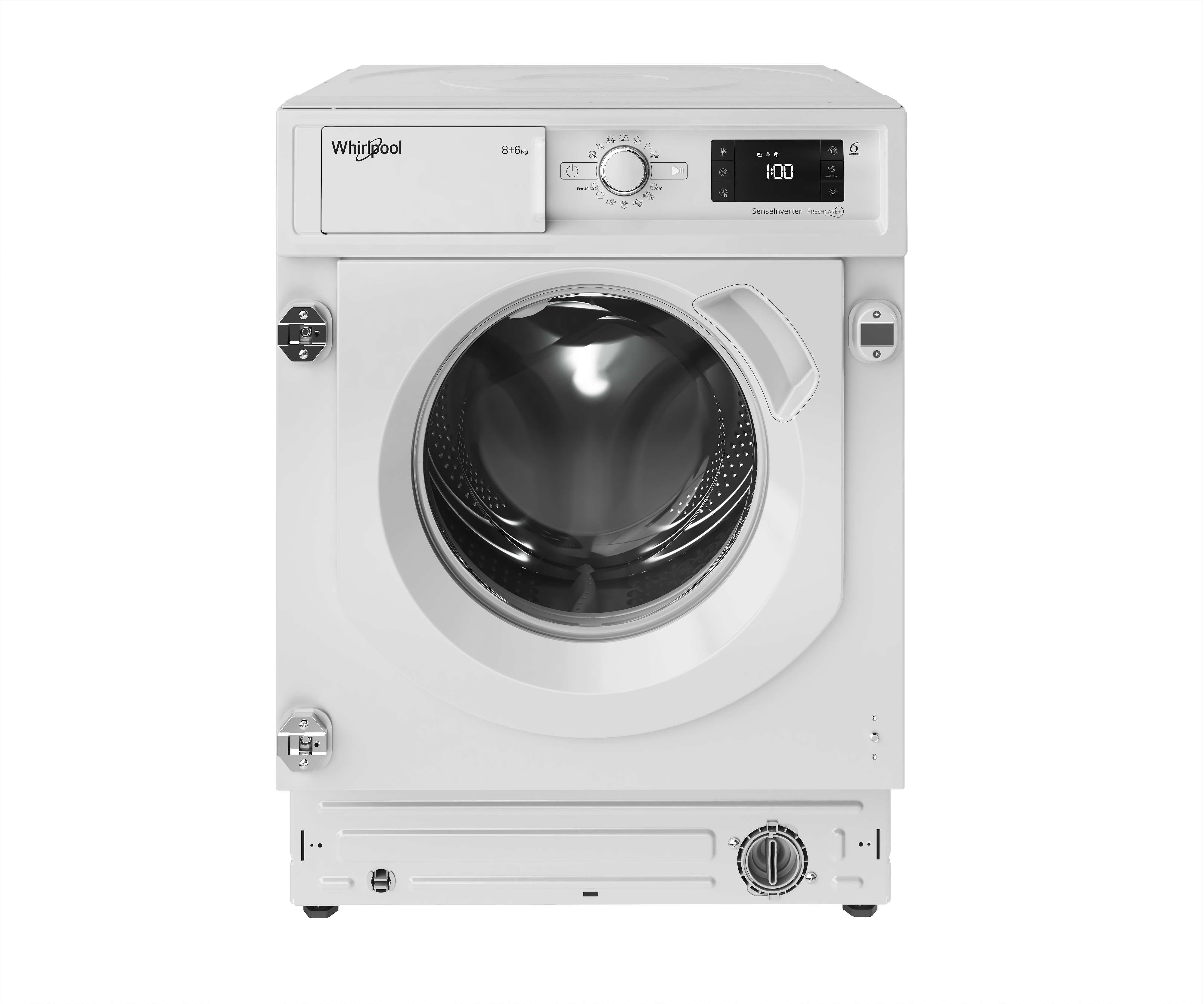 Una lavadora Whirlpool blanca. Tiene una puerta redonda, un panel de control y una pantalla digital que muestra 1:00. Sobre fondo blanco.