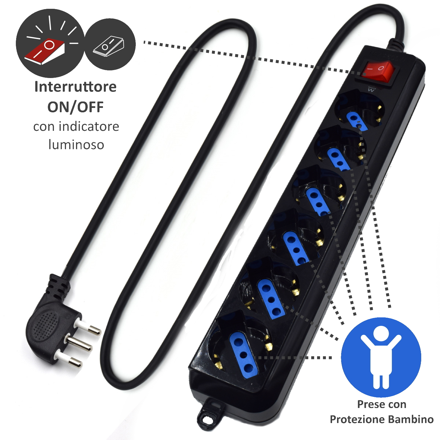 Ciabatta nera con interruttore on/off e funzioni di sicurezza per bambini.