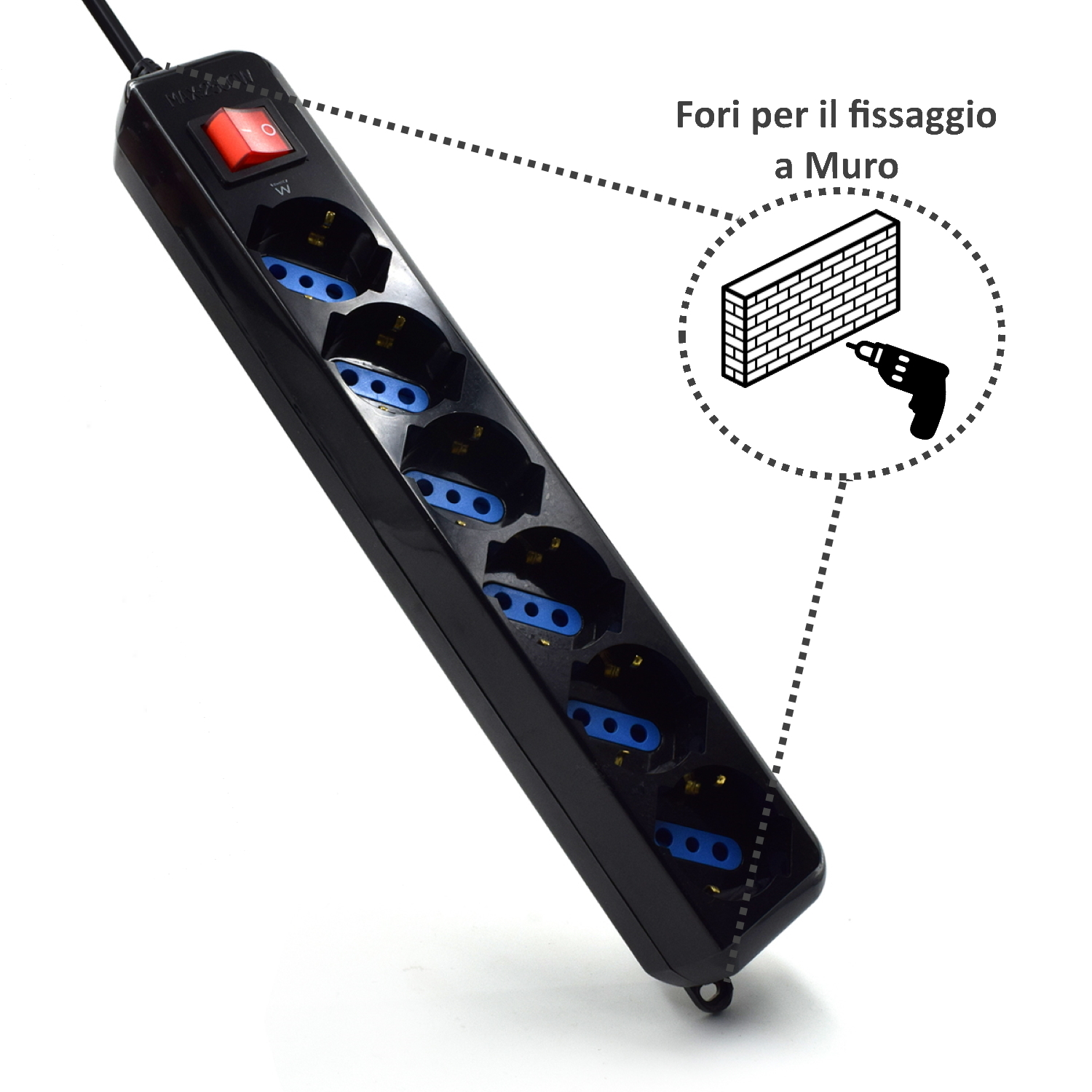 Presa multipla nera con sei prese. Mostra un interruttore rosso e un diagramma di montaggio a parete.