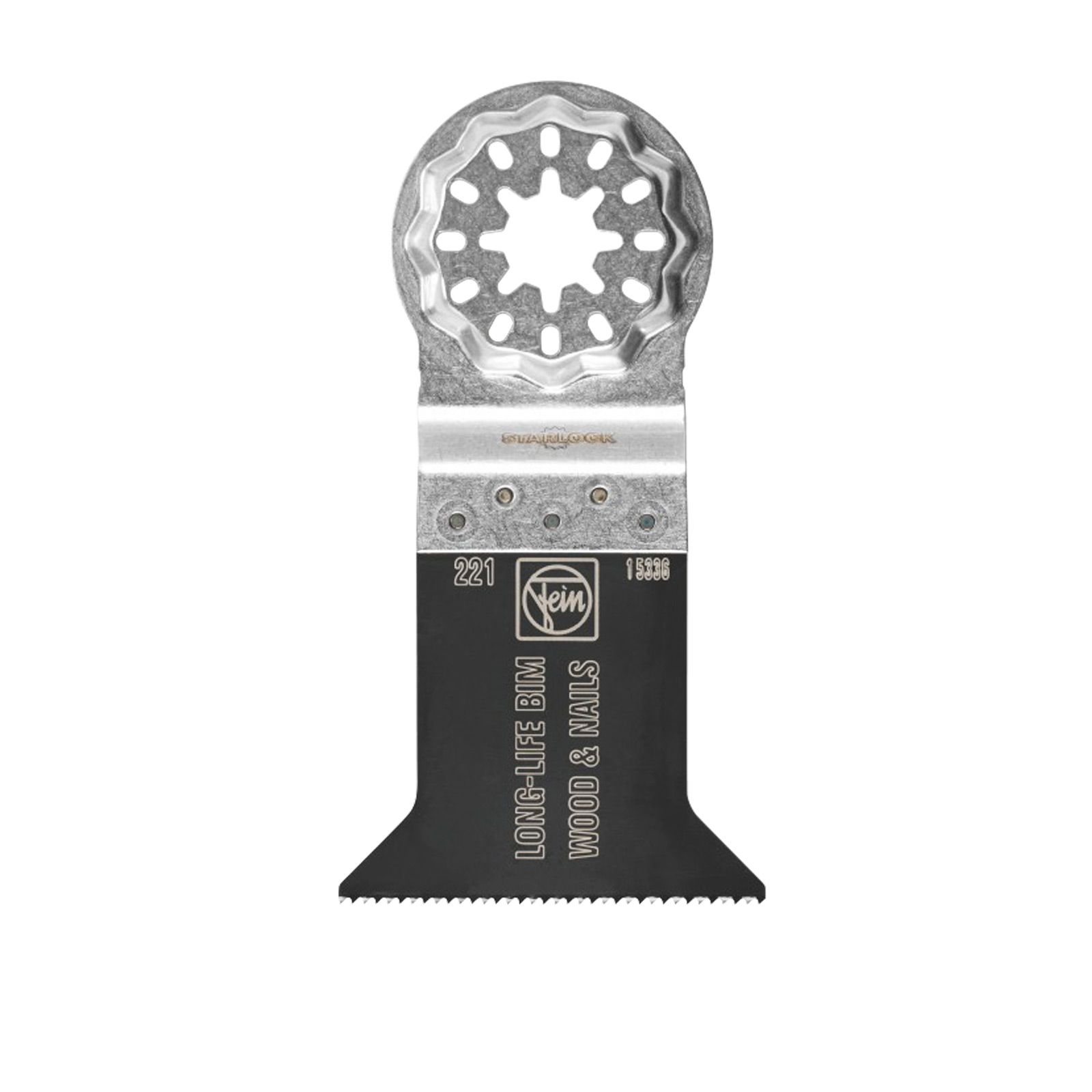 Ein Metallsägeblatt mit Zähnen, unten schwarz und oben silber.