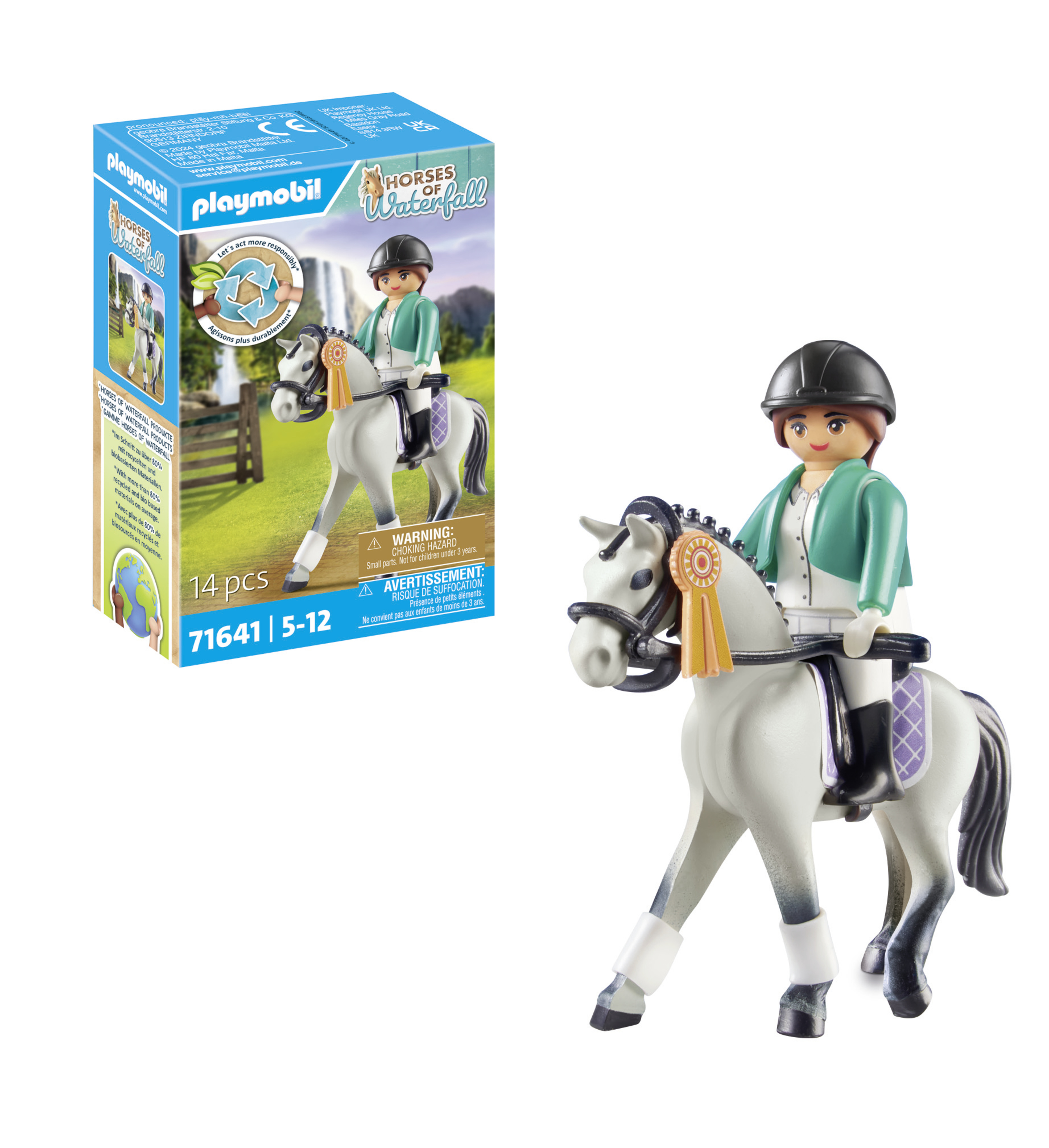 Set Playmobil Horses of Waterfall: jinete en caballo gris con caja al lado.