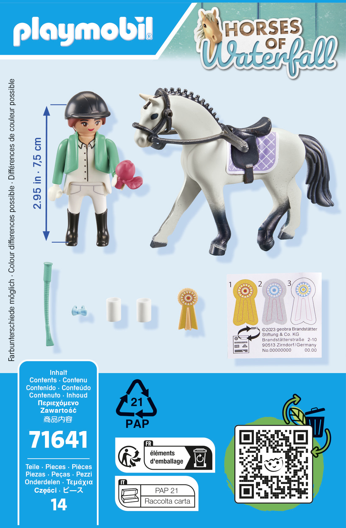 Un set de Playmobil que muestra un caballo de juguete y una figura con casco y equipo de montar.