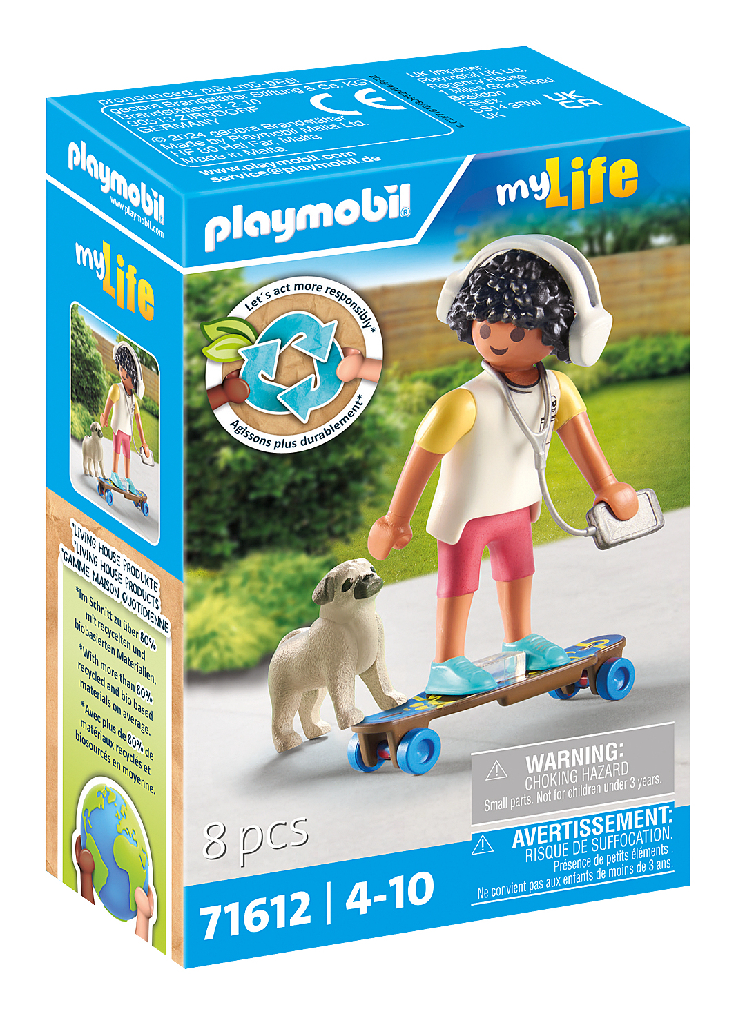 Playmobil My Life-Set mit einem Jungen auf einem Skateboard. Es gibt einen Hund und eine Box mit Infos.